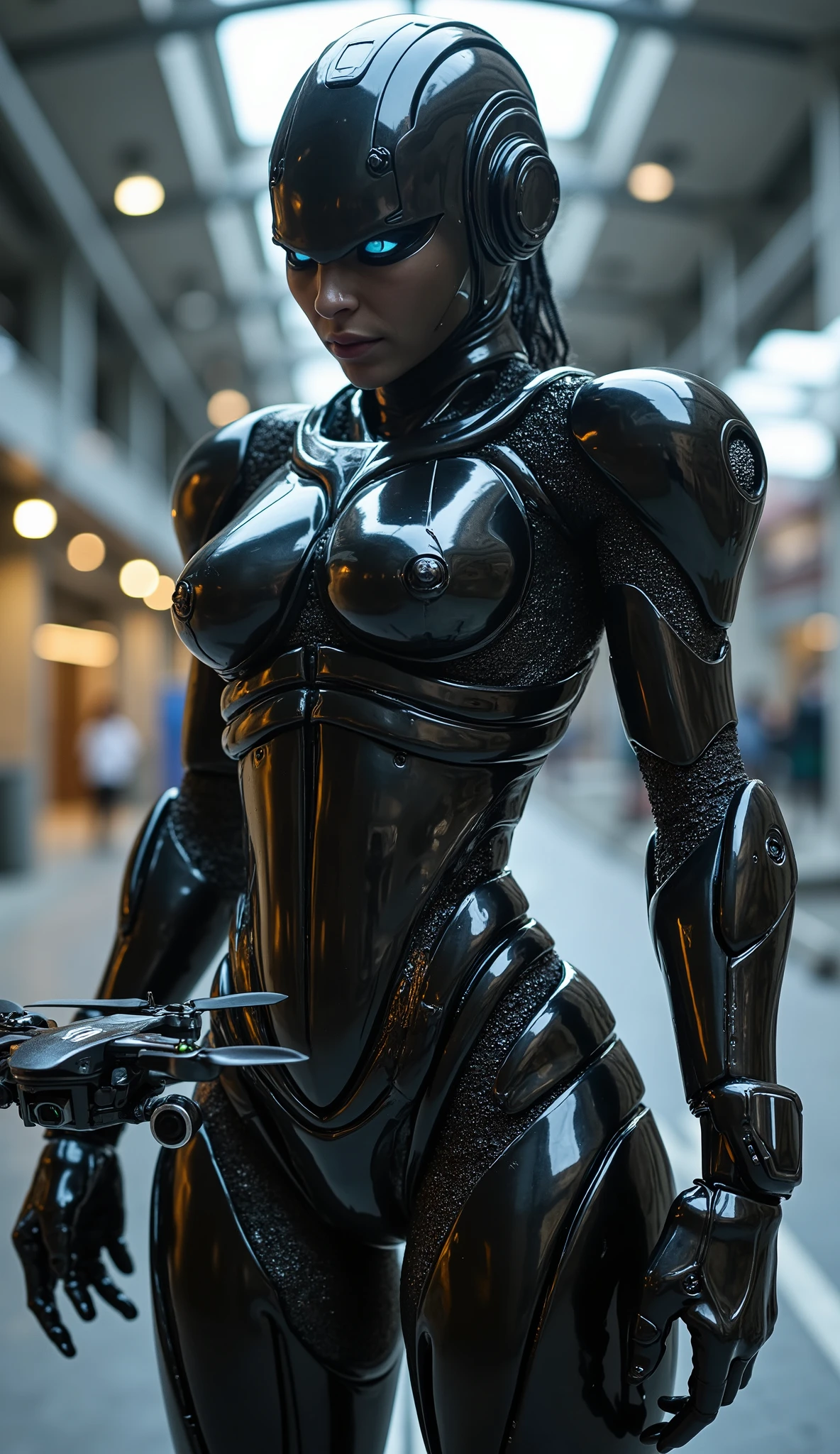 ((Very futuristic metal robot carries a naked woman in its arms)), jungle above, ((woman on robot hands)), naked woman, curly Black hair, bary large breasts, sweaty body. Robot futuristic many detailed metal elements in robot body