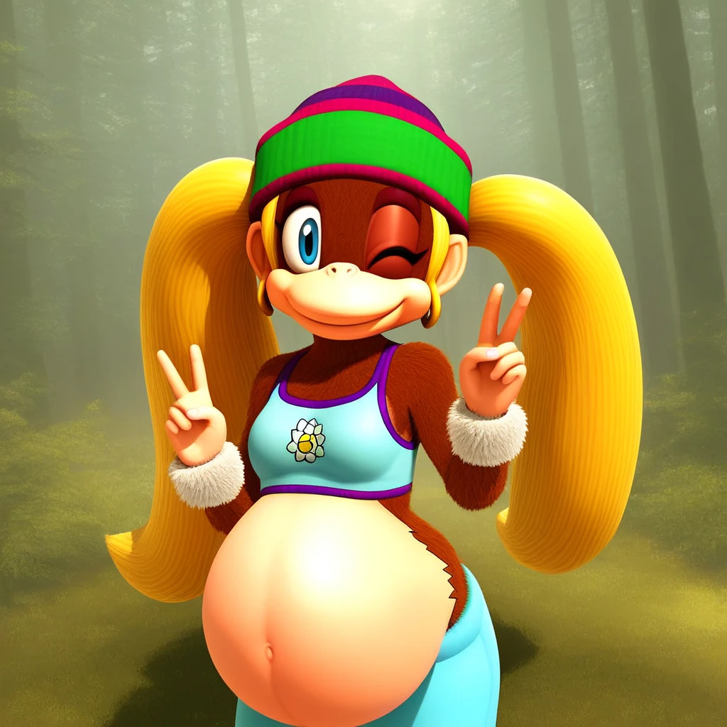 score_9, solo, t_kong, beanie, blonde hair, twintails, blue eyes, crop top, wristband, midriff, one eye closed, smile, v, forest🚶 vore large belly inside tails the fox stomach