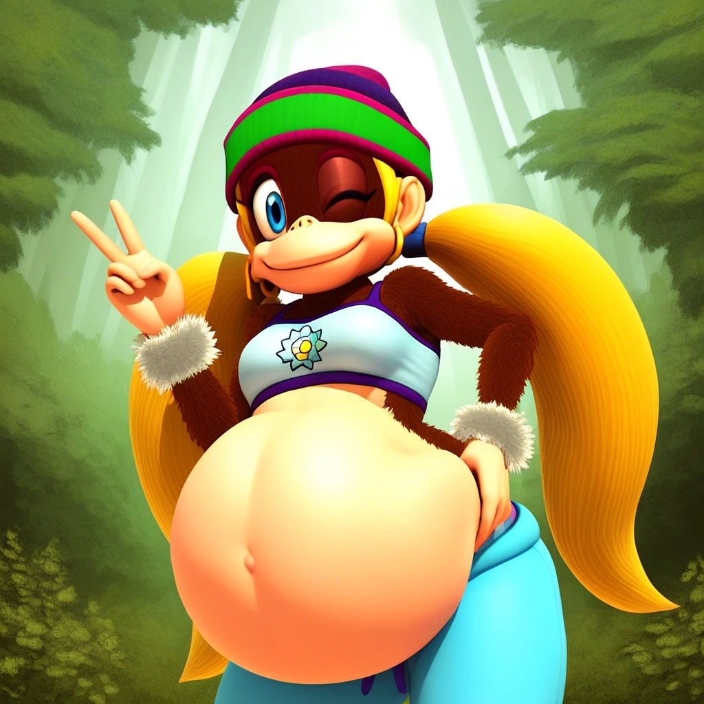score_9, solo, t_kong, beanie, blonde hair, twintails, blue eyes, crop top, wristband, midriff, one eye closed, smile, v, forest🚶 vore large belly inside tails the fox stomach