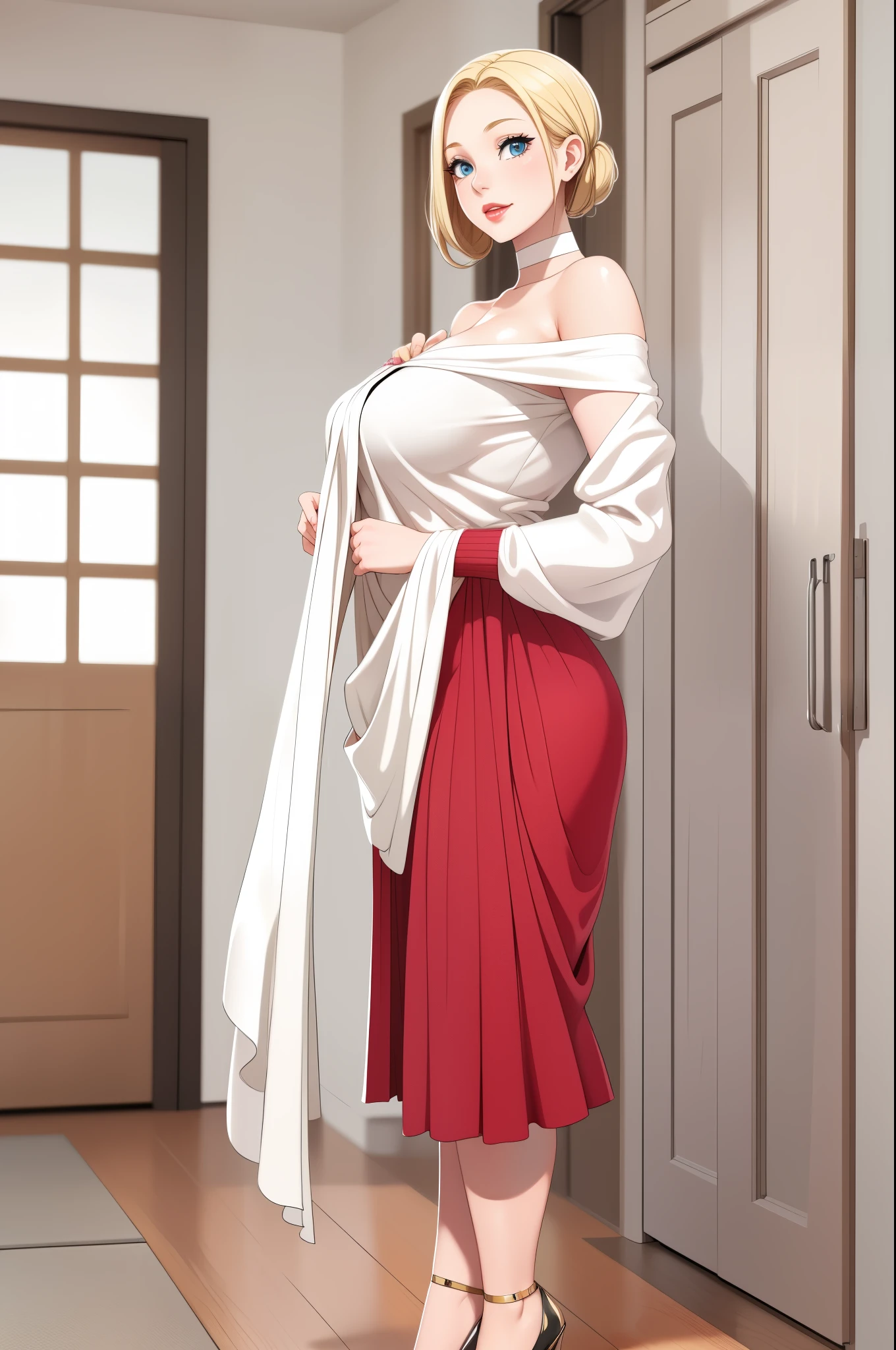 A single, extremely beautiful mother, with gold blonde hair tied with a ribbon, big blue eyes, extremely fair white skin, plump red glossy lips, and a plain slim thin body, wearing a long white garment with long sleeves, a long yellow shawl draped in a low off-shoulder style on her elbows from the back, and pink flat heels. Looking at the viewer, standing straight, a cute smile expression, show the full woman from head to feet.