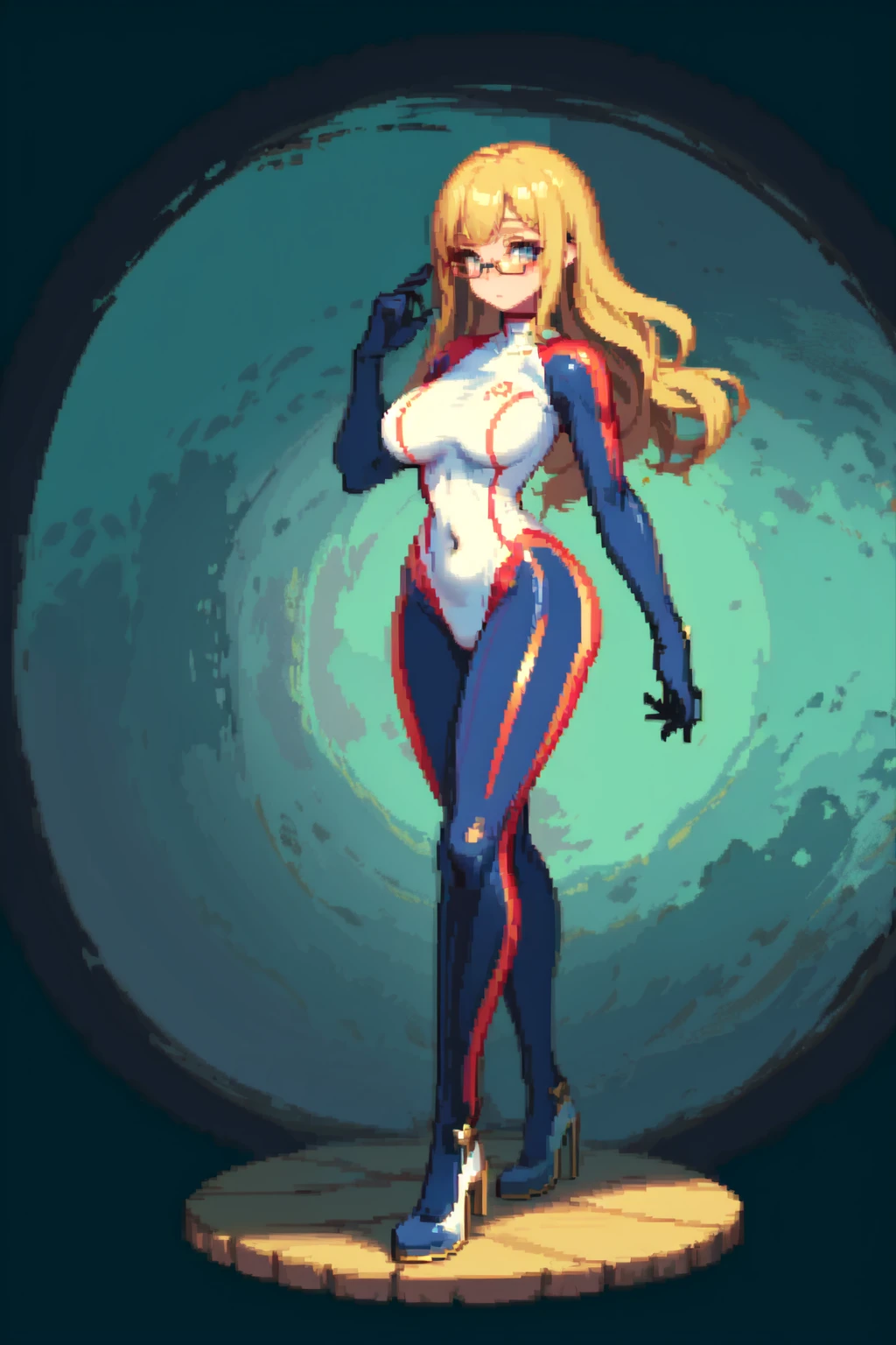 (masterpiece, top quality, best quality), pixel,pixel art,1girl,full body, bodysuit, long curly hair, glasses, big belly,
