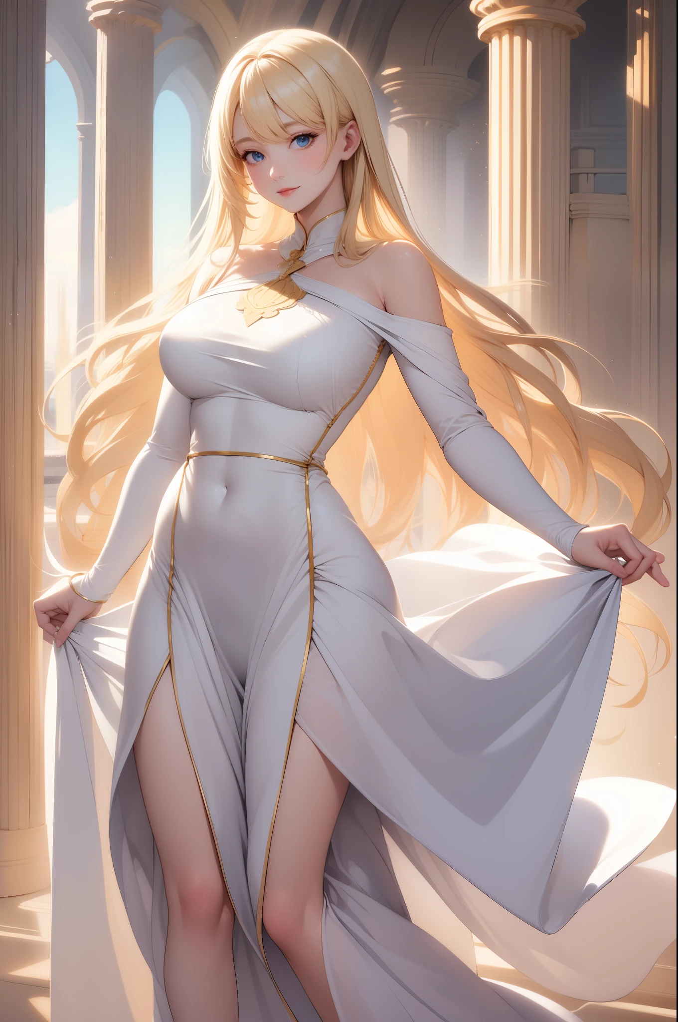 (((masterpiece))), (((ultra details))), (((sharp details))), 1 lady, gold long straight hair, wearing sundress, nice body, smile, walking, castle, (((masterpiece))), (((ultra details))), (((sharp details))),