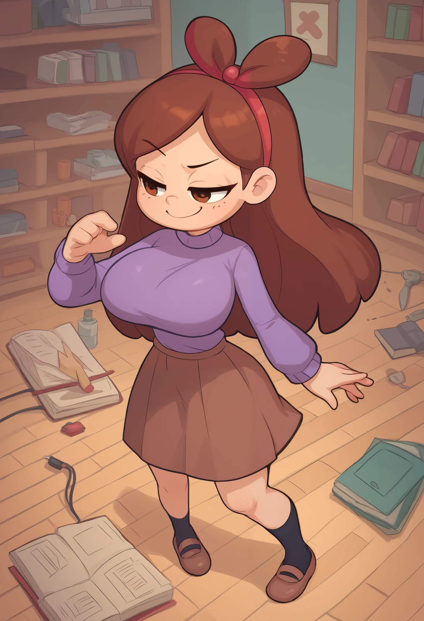 Small girl, young, full body, (solo 0.6), brown hair, long hair, brown eyes, slender body, thin waist, colossal breasts, indoors, purple sweater, brown skirt, clapping, wires on floor, smug face, holding a book, cute, ( pixar style 0.5) (hairband -0.9) mabel pines