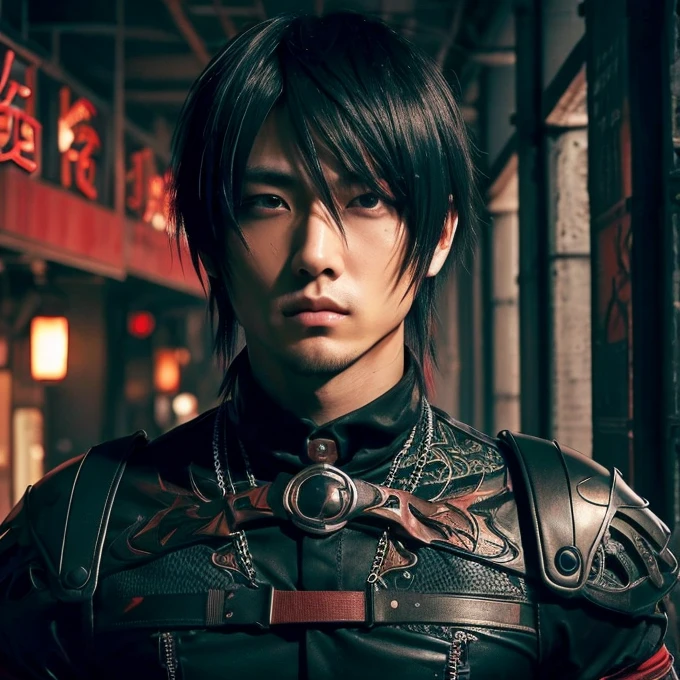 1 man, Japanese man, male, Asian eyes, muscular, broad shoulders, dragon,hairstyle Visual Kei style, hair Visual Kei, black men's shirt and black pants, ultra detailed face, hyperrealistic, realistic representation, 30 years old!,age 30 years! Blonde hair