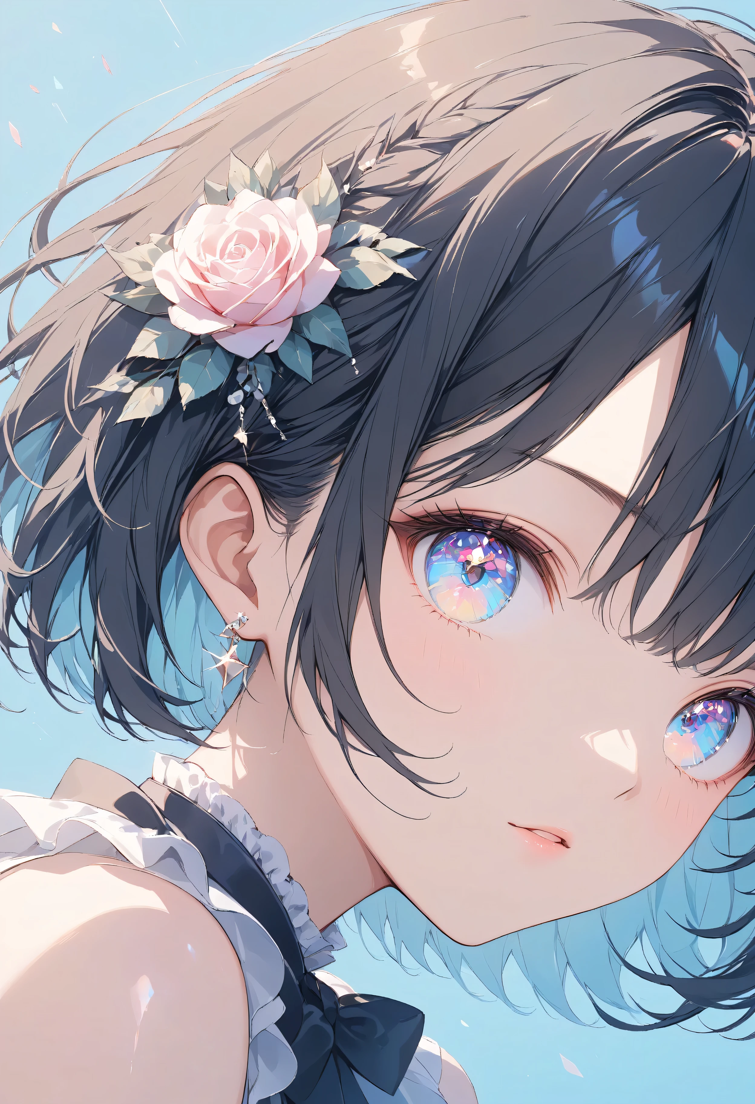 Masterpiece, high quality, high tonal range, high resolution, 16K, KyoAni illustration, background detail, digital painting, hyperrealistic, shimmering pastel colors, pop art, petite woman, young woman, beautiful face, long eyelashes, fair skin, full body, bare shoulders, black spats, thin legs, shiny thighs, black hair Idol with short bob and hair ornament, sparkling eyes, big eyes, peace next to eyes, live stage, colorful spotlight, cinematic effect, cinematic angle