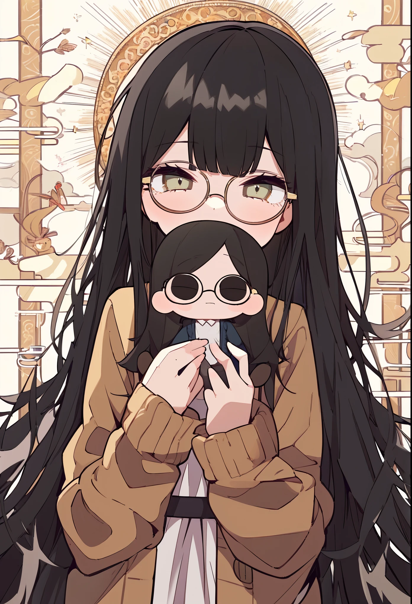 girl, cute, {straight hair, long hair, black hair, blunt bangs}, circle glasses, expressionless ,flat chest, slender, chibi, brown eyes, , cardigan, long dress, chibi, holding doll