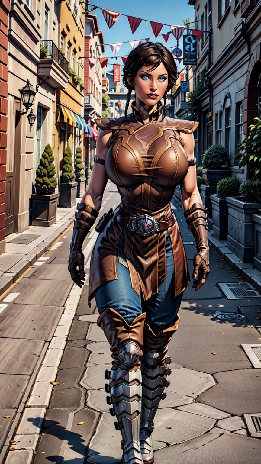 1girl, solo, SateleShan, lipstick, braid, twin braids, hair tubes,big breast toned, looking at viewer, armor, belt, gloves, biceps,brown longboots,standing in a Street