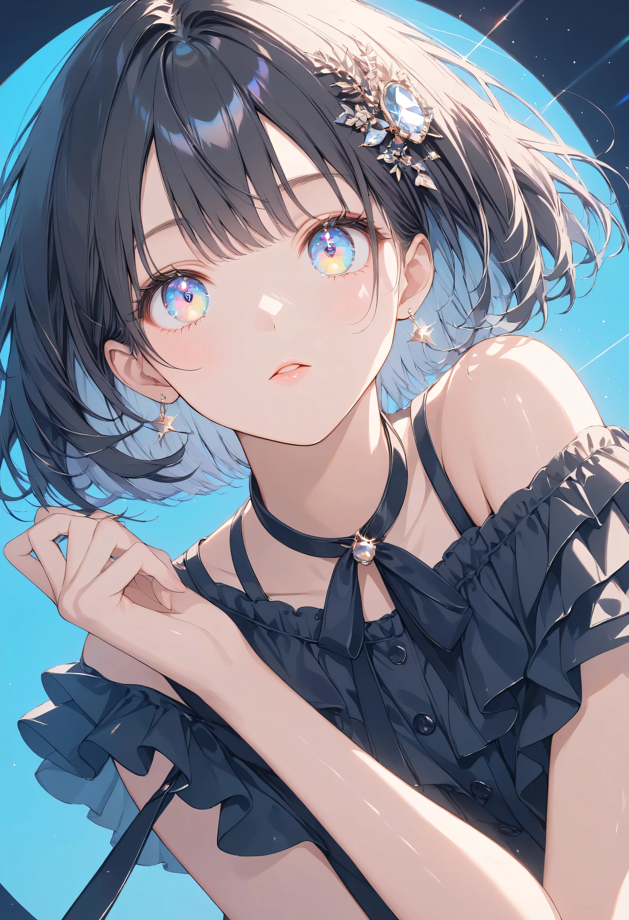 Masterpiece, high quality, high tonal range, high resolution, 16K, KyoAni illustration, background detail, digital painting, hyperrealistic, shimmering pastel colors, pop art, petite woman, young woman, beautiful face, long eyelashes, fair skin, full body, bare shoulders, black spats, thin legs, shiny thighs, black hair Idol with short bob and hair ornament, sparkling eyes, big eyes, peace next to eyes, live stage, colorful spotlight, cinematic effect, cinematic angle