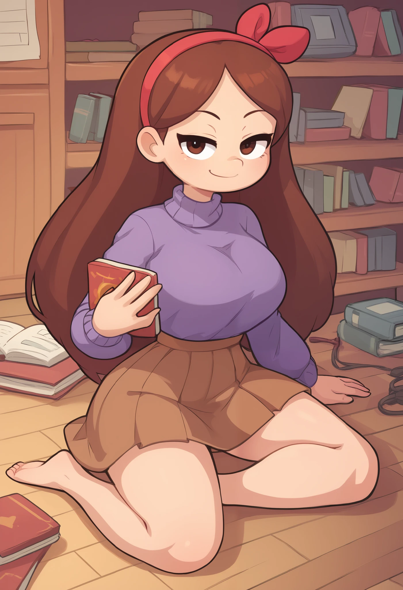 Small girl, young, full body, (solo 0.6), brown hair, long hair, brown eyes, slender body, thin waist, colossal breasts, indoors, purple sweater, brown skirt, looking at you, wires on floor, smug face, holding a book, cute, ( pixar style 0.5) (hairband -0.9) mabel pines