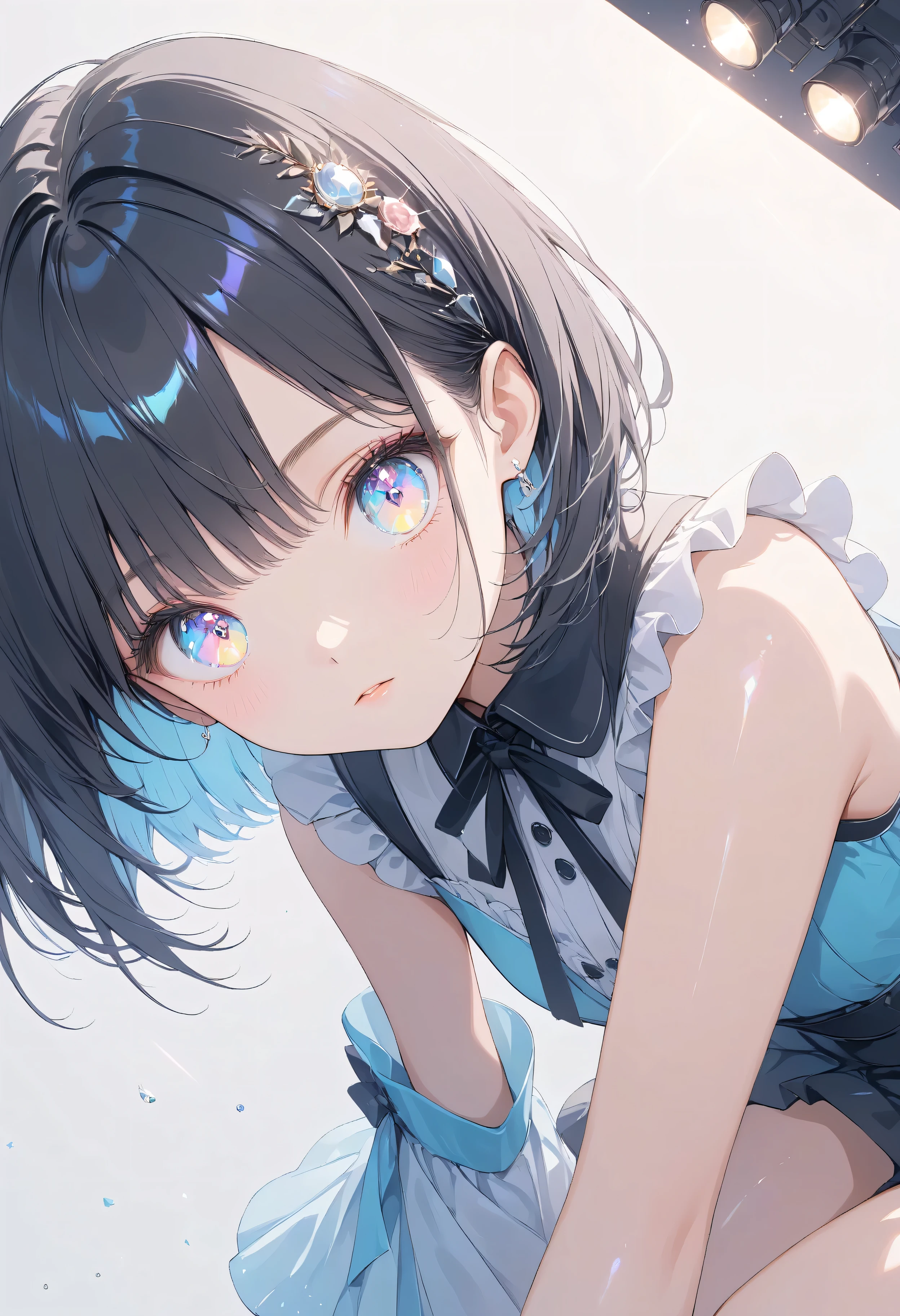 Masterpiece, high quality, high tonal range, high resolution, 16K, KyoAni illustration, background detail, digital painting, hyperrealistic, shimmering pastel colors, pop art, petite woman, young woman, beautiful face, long eyelashes, fair skin, full body, bare shoulders, black spats, thin legs, shiny thighs, black hair Idol with short bob and hair ornament, sparkling eyes, big eyes, peace next to eyes, live stage, colorful spotlight, cinematic effect, cinematic angle