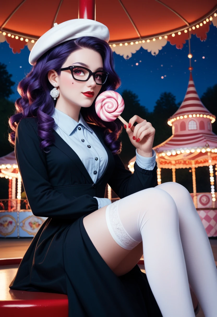 1 adult девушка,  abacus synch ,  Director Cinch, Principal Cinch , adult,  purple hair ,  hair flowing ,  medium curly hair, blue skin, glasses, red lips,  pink eyes ,  birthmark all over the body ,  facial birthmarks , white earrings .  In an amusement park ,  sits on a horse on a beautiful red carousel,  rides a carousel .  She holds cotton candy in her hand .  Dressed in a lush black dress , white stockings , white beret, Gothic. night in the background, at night,  lights are beautifully burning , chiaroscuro.