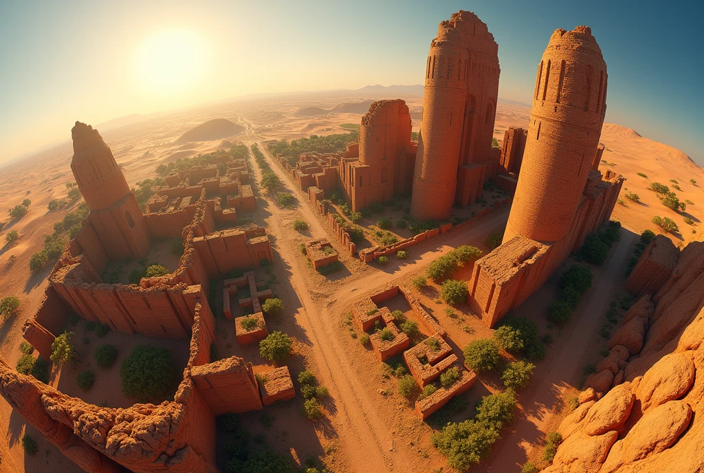 ((masterpiece, highest quality, Highest image quality, High resolution, photorealistic, Raw photo, Extremely detailed CG unified 8k wallpaper)), Ruins in the desert, towers made of huge sun-dried bricks and ancient cities built around them, crumbling and buried in sand and ruins, bird's-eye view, fisheye lens,