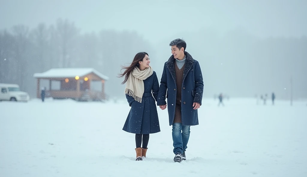 White snow falls on the streets, sparkling lights, Christmas atmosphere is everywhere. In a street corner, a boy and a girl were walking together.