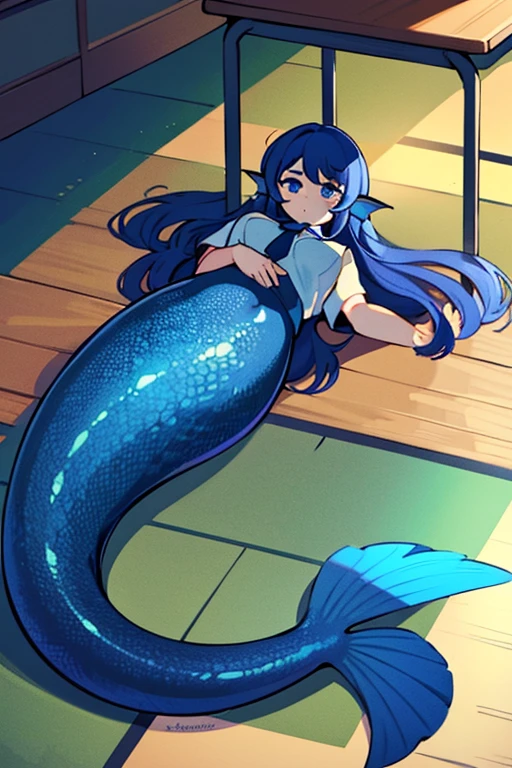 a mermaid, 1 girl, detailed blue scales, long flowing hair, no scales on her upper body and her arms, full body shot, single tail fin, she has a reddish cheek, Including the entire lower body, Covered in scales up to the waist, web-hands, blue eyes, masterpiece, high quality, 4k, hdr, in the classroom, confused, lie down on the floor, school uniform, long lower body, embarrassing, fish fin, the waist is boundary between humans and fish, on the land