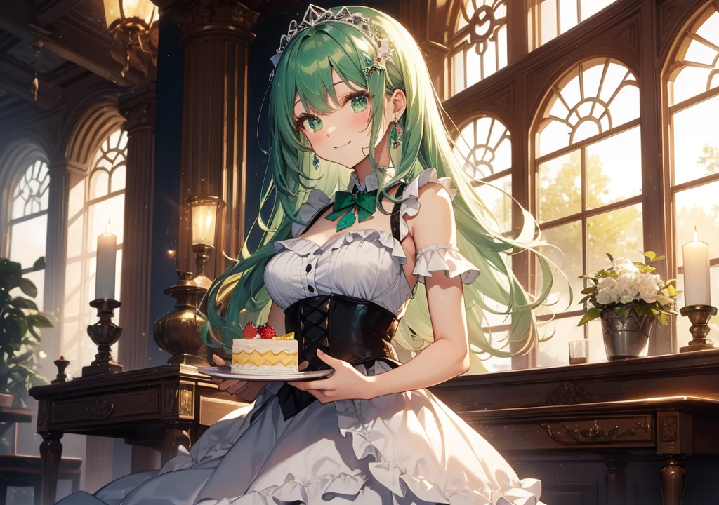 (masterpiece、premium quality、ultra detailed)、((1 girl)), Young, beautiful, with emerald green bob hair, large, expressive eyes of the same color,medium breasts, dressed in a maid outfit adorned with emerald ribbons, friendly ,mouth open and smiling, blushing, holding a plate of food, cozy cafe atmosphere, detailed and vibrant anime style