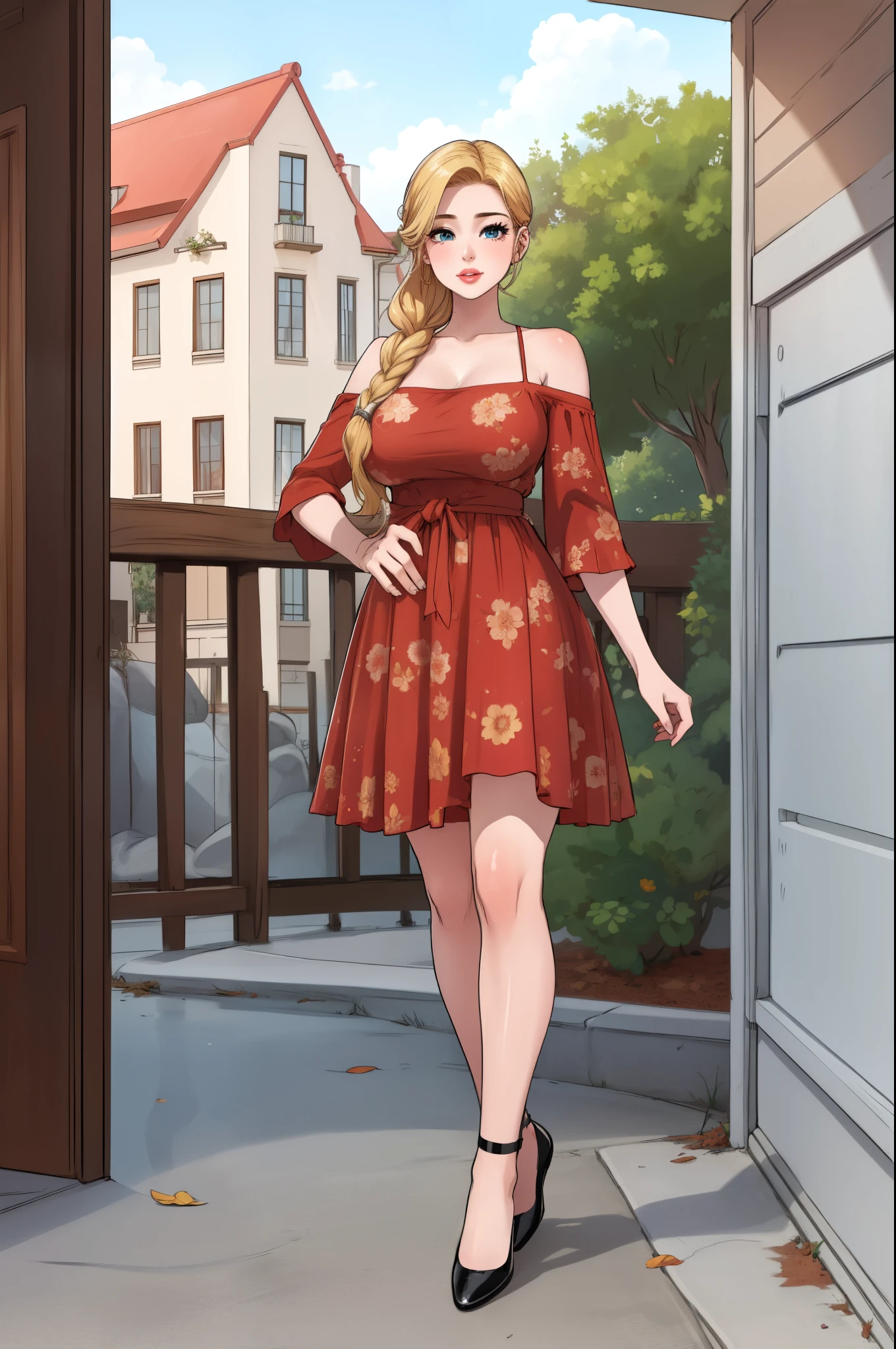 A single, extremely beautiful mother, with gold blonde hair tied with a ribbon, big blue eyes, extremely fair white skin, plump red glossy lips, and a slim thin body, wearing a long brown floral dress with spaghetti straps, a long yellow shawl worn in a low off-shoulder style on elbows from the back, and pink flat heels. Looking at the viewer, standing straight, a cute smile expression, show the full woman from head to feet.