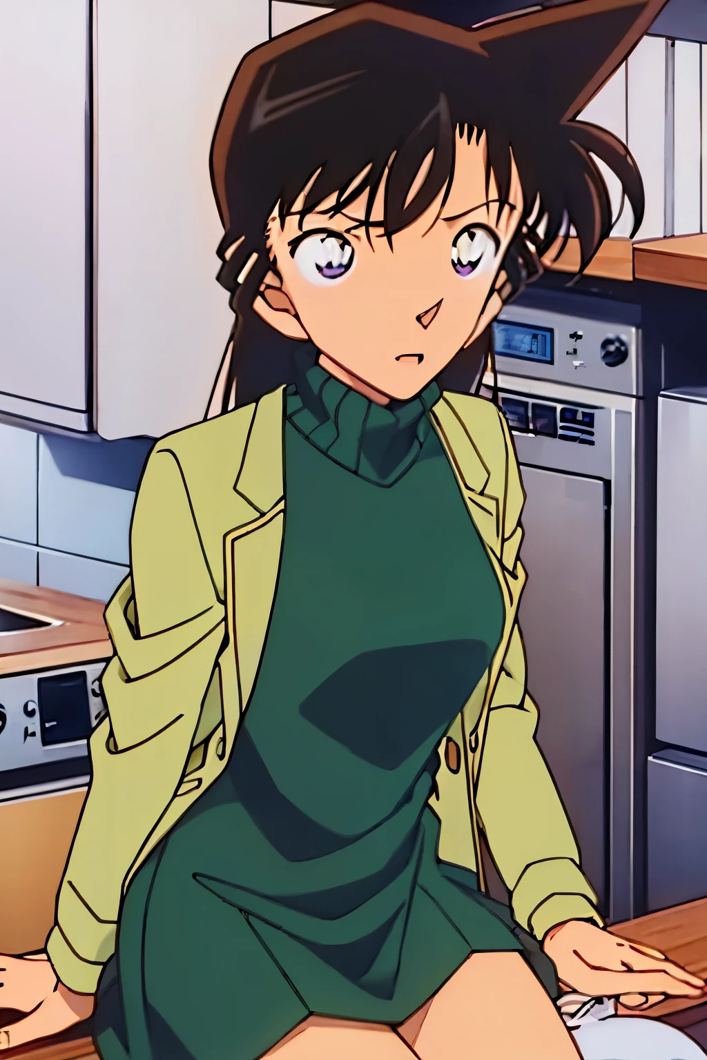{{{Dylan}}},{{{ Detective Conan }}},{{{Long Hair}}},{{{official style }}},{{{adult}}},GREEN ONE PIECE TURTLENECK  MINI dress ,{ LIGHT GREEN CROPPED short JACKET }, Green Socks ,sink,laundry,kitchen,bringing upper body to the sink,open