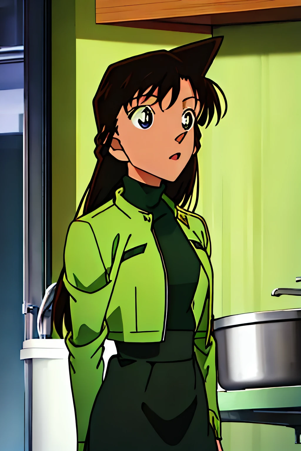 {{{ long hair}}},{{{Public Documents }}},{{{adult}}},Green dress,green turtleneck tight skirt , { light green cropped mini jacket}, Green Sox ,,sink,laundry,kitchen,bringing upper body to the sink,open, Back of Person Leaning Forward
