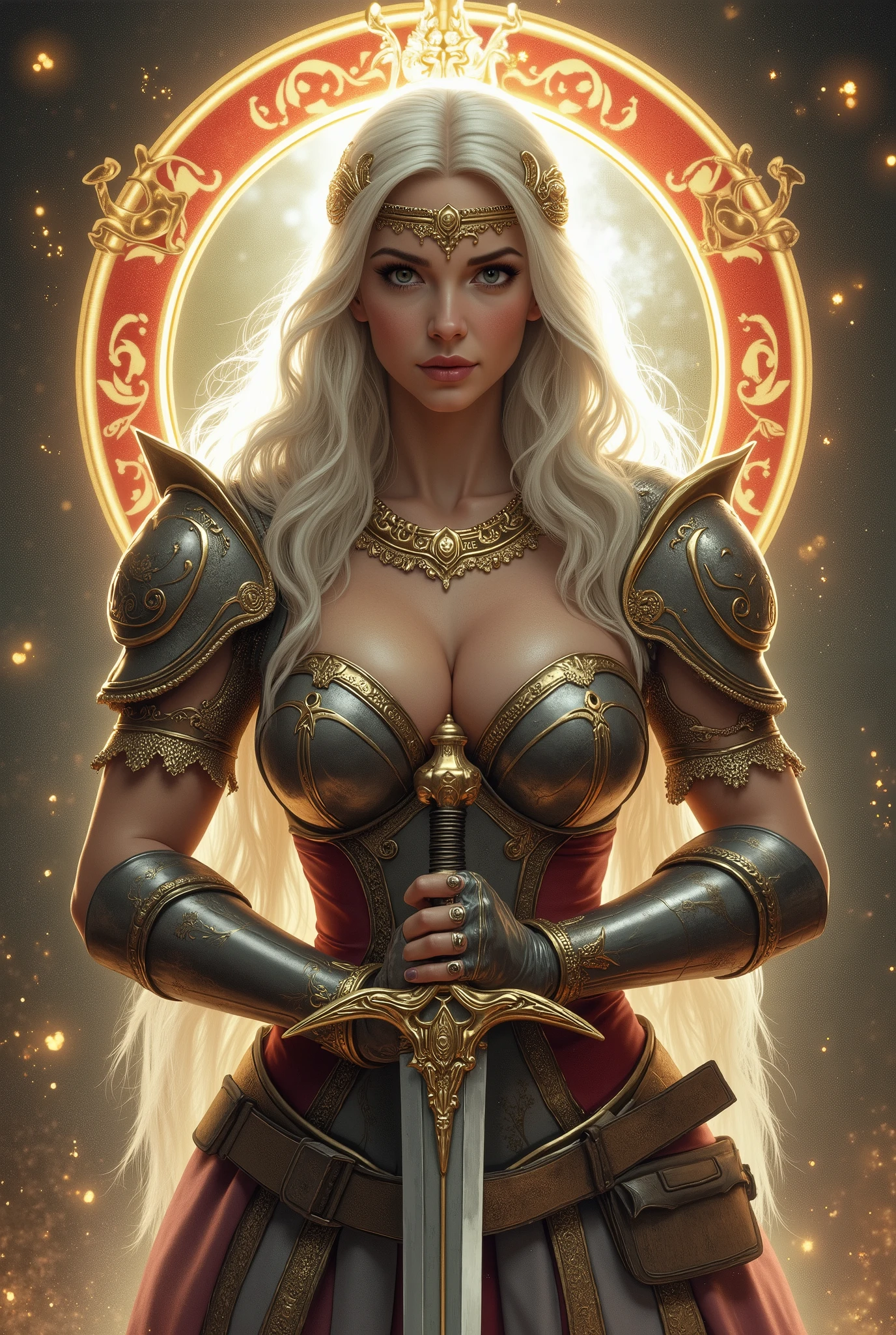 8K resolution, masterpiece, Highest quality, Award-winning works, unrealistic, sole sexy lady, healthy shaped body, 25 years old, white wavy long hair, hair band, (beautiful and huge bouncing firm ample breasts, deep cleavage:1.5) and a huge waist,, ancient roman military commander's armor, Pure white armor with a complex structure, royal coat of arms, Hold up Excalibur with both hands, elegant, Very detailed, Digital Painting, artステーション, コンセプトart, Smooth, Sharp focus, shape, artジャム、Greg Rutkowski、Alphonse Mucha、William Adolphe Bouguereau、art:Stephanie Law , Magnificent royal background, Royal Jewel, nature, Full Shot, Symmetric, Greg Rutkowski, Charlie Bowwater, beep, Unreal 5, Surreal, Dynamic Lighting, ファンタジーart, Complex colors, Colorful magic circle, flash, dynamic sexy poses