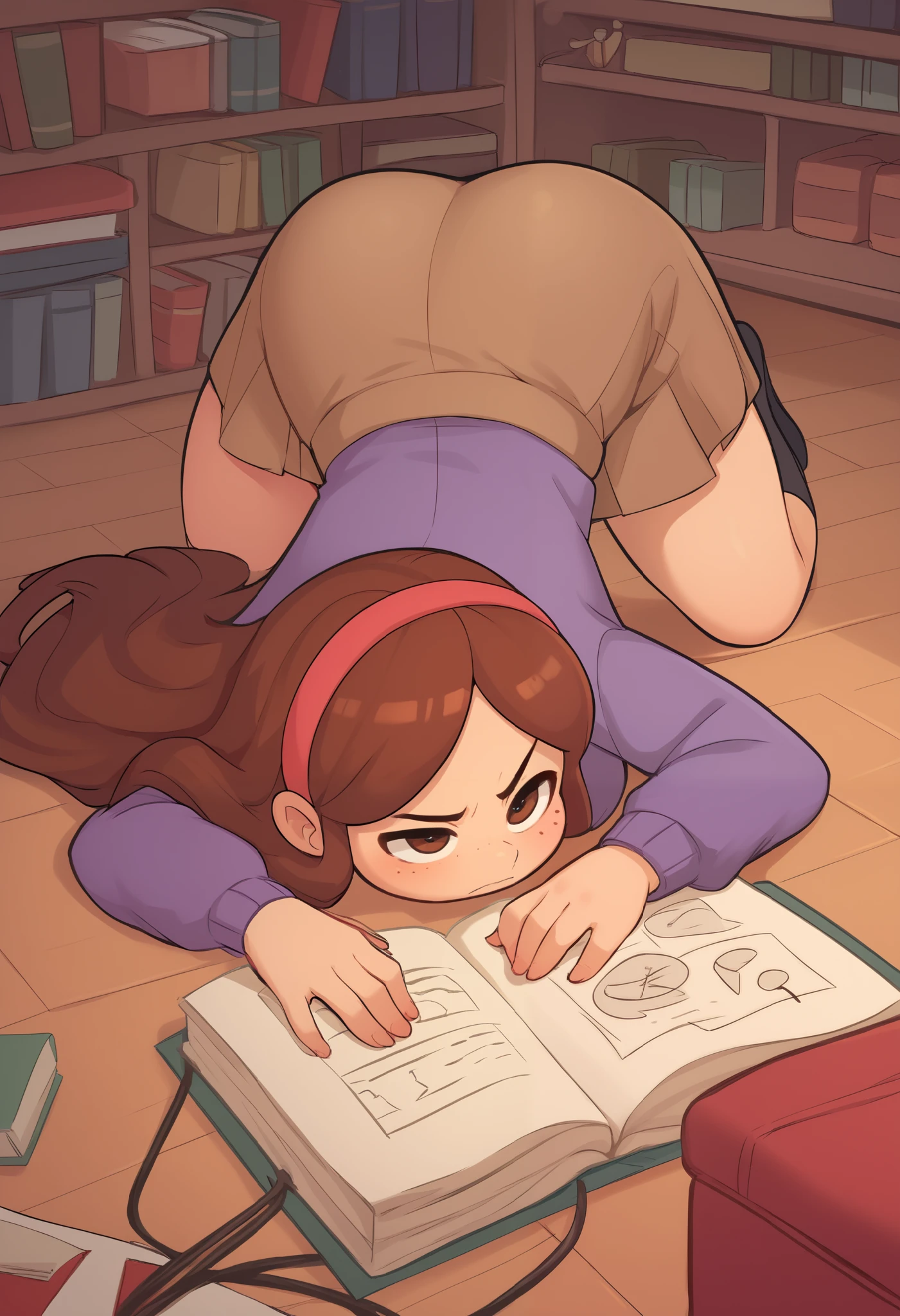  girl, young, full body, (solo 0.6), brown hair, long hair, brown eyes, slender body, thin waist, colossal breasts, indoors, purple sweater, (brown skirt 0.9), face down ass up, wires on floor, annoyed, reading a book, cute, ( pixar style 0.5) (hairband -0.9) mabel pines