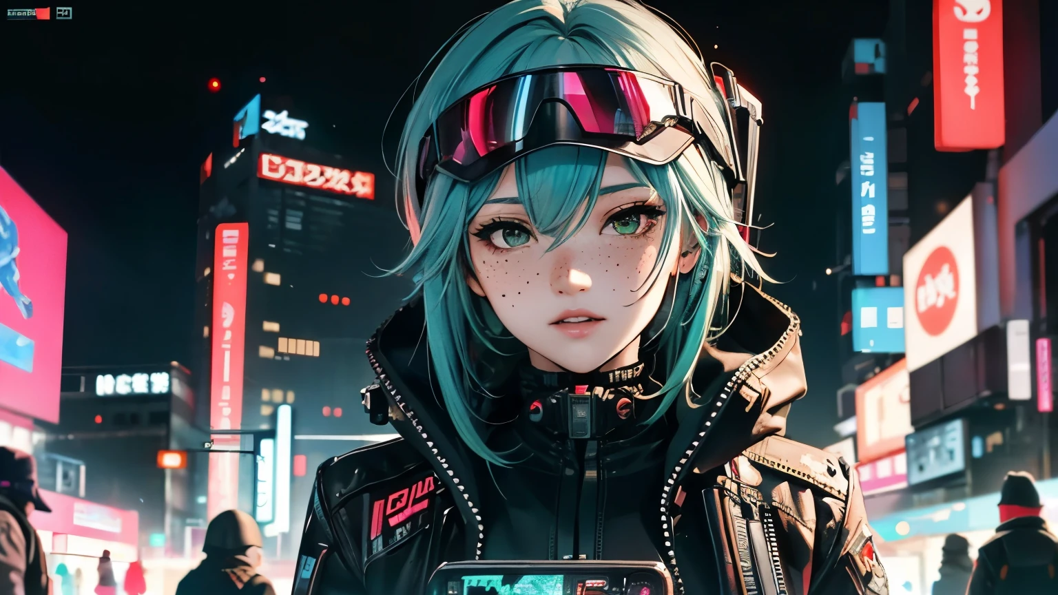 ((Best Quality)), ((Masterpiece)), perfect eyes:1.2, holding a machine gun, detailed eyes:1.4, ((freckles)), woman, hightech visor, high tech, hacker, irezumi, tattoo, techwear, headphones, messy hair, multicolored hair, green hair, black jacket, gradient hair, leather clothes, (machine gun), (High Definition:1.3), 3D, Beautiful (Cyberpunk:1.3), Colored hair, militar, black clothes looking at camera, hacker woman, sticking out, sexual, seduction, neo tokyo