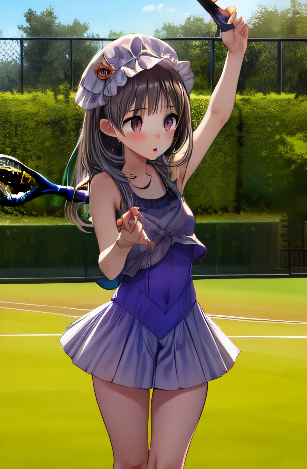 nsfw. She is wearing a purple tennis outfit, with her white undergarments visible. She holds a single tennis racket with both hands in a poised and focused manner. The lush green grass tennis court stretches out in the background. This scene radiates elegance, power, and athletic skill. BLACK HIGH SOCKS. ( Masterpiece , best quality, 8k, RAW photos , beautiful、And aesthetic :1.2), complex details, 1 girl, Epic Photos , 