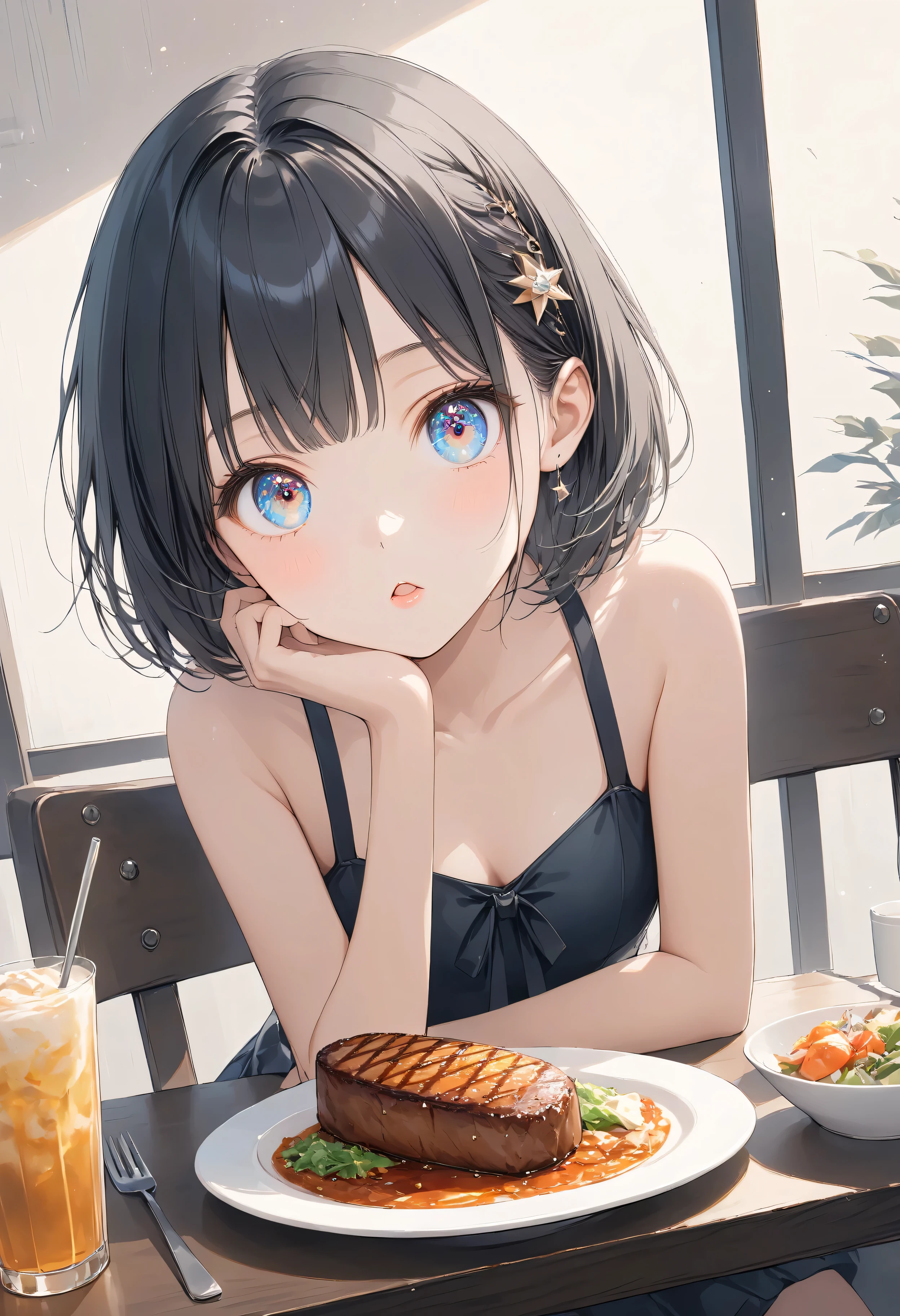 Masterpiece, high quality, high tonal range, high resolution, 16K, KyoAni illustration, background detail, digital painting, hyperrealistic, petite woman, young woman, beautiful face, long eyelashes, fair skin, full body, bare shoulders, thin legs, short black bob with hair decoration, idol, plain clothes, sparkling eyes, big eyes, grilled meat eating, inside a restaurant, cinematic effect, cinematic angle