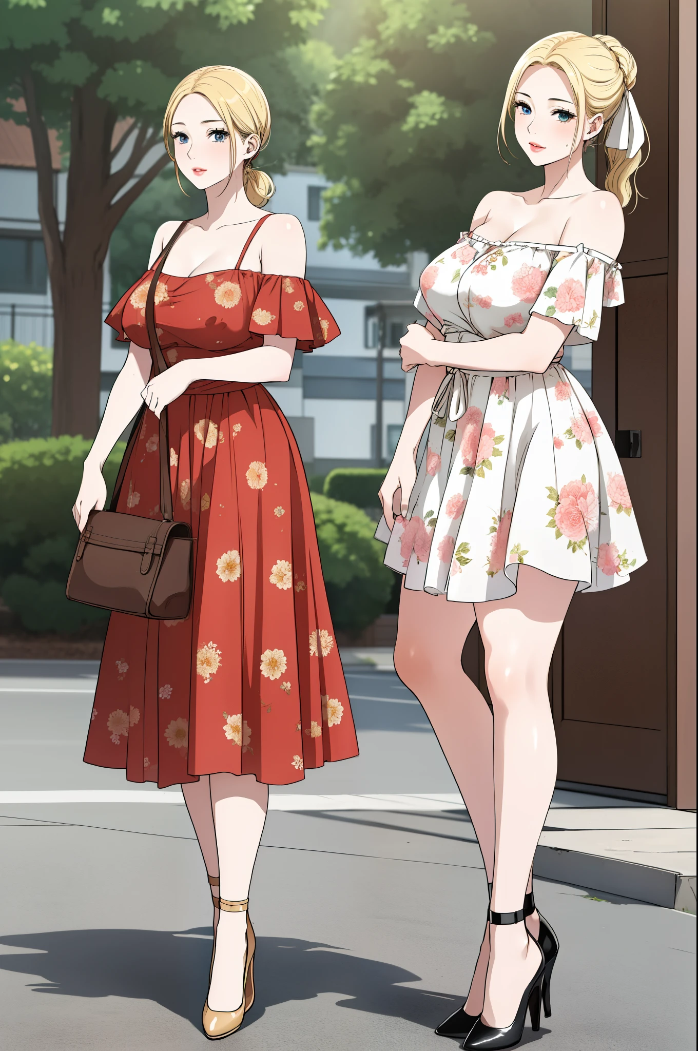 A single, extremely beautiful mother, with gold blonde hair tied with a ribbon, big blue eyes, extremely fair white skin, plump red glossy lips, and a slim thin body, wearing a long brown floral dress with spaghetti straps, a long yellow shawl worn in a low off-shoulder style on elbows from the back, and pink flat heels. Looking at the viewer, standing straight, a cute smile expression, show the full woman from head to feet.