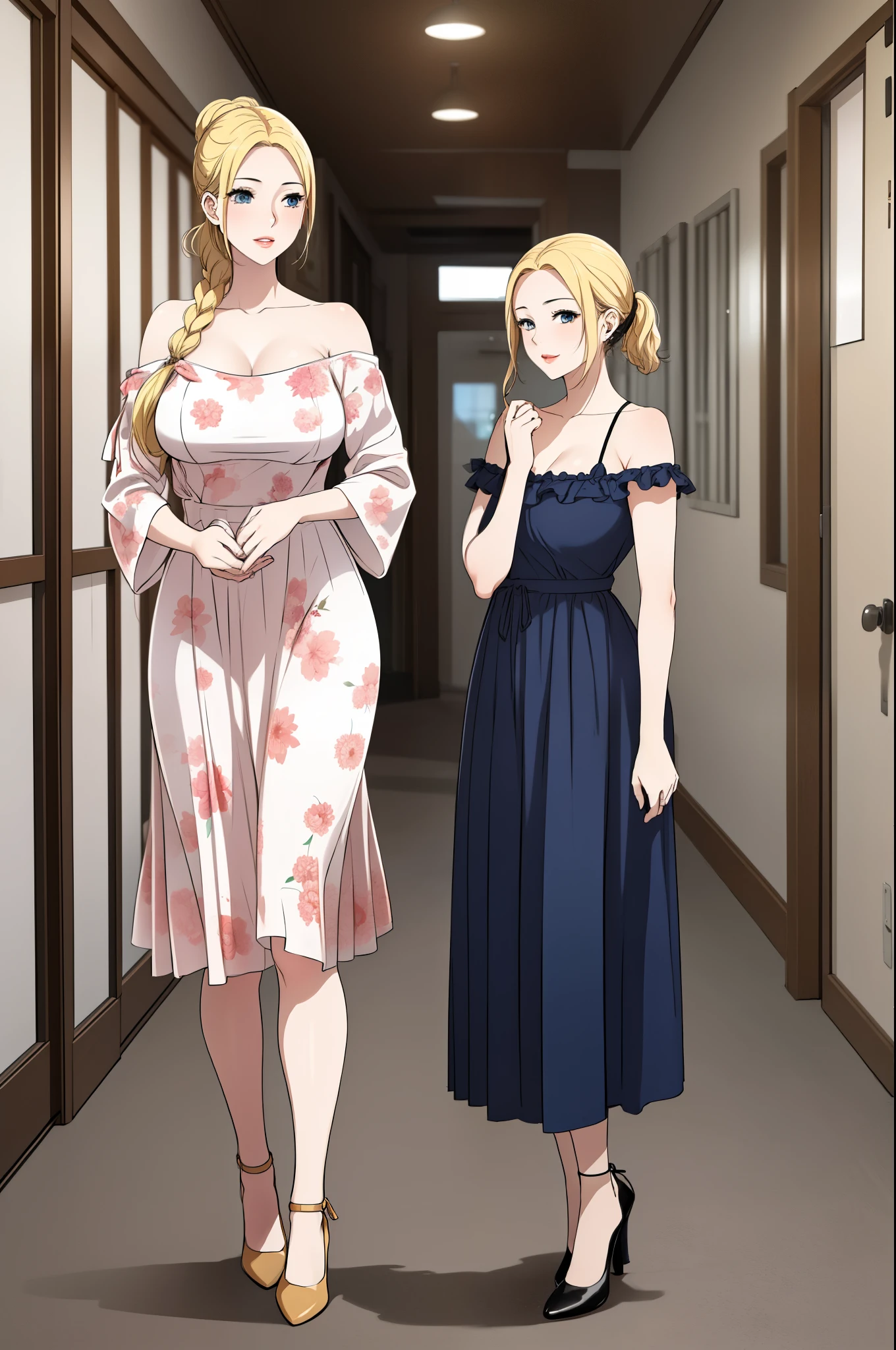 A single, extremely beautiful mother, with gold blonde hair tied with a ribbon, big blue eyes, extremely fair white skin, plump red glossy lips, and a slim thin body, wearing a long brown floral dress with spaghetti straps, a long yellow shawl worn in a low off-shoulder style on elbows from the back, and pink flat heels. Looking at the viewer, standing straight, a cute smile expression, show the full woman from head to feet.