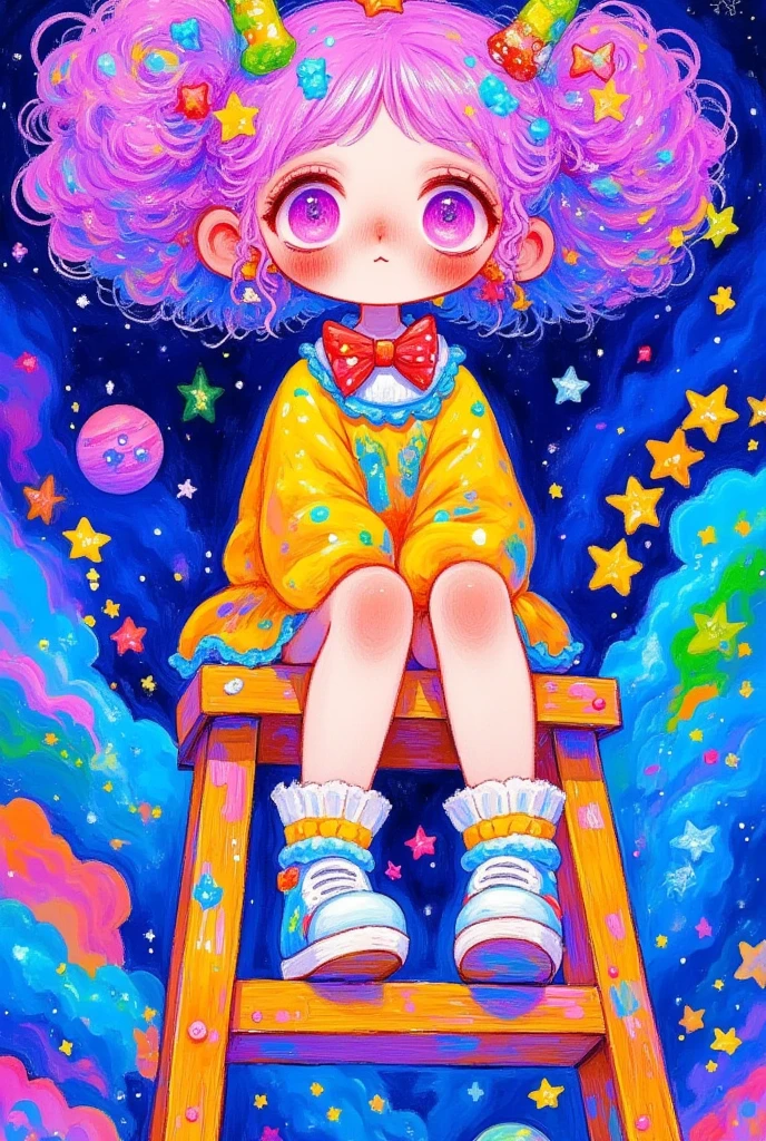  painting of a girl sitting on a ladder, Lovely art style,   decora inspired illustration  , Cosmic Girl, 梦幻迷幻动漫, Beeple和Jeremiah Ketner, colorful dreams ,  cute detailed digital art ,  brightly colored illustrations , Girl in Space, Colorfull illustration,  anime girl with cosmic hairstyle , Dream illustration , Candy Girl, Inspired by Shimoda Hikaru 