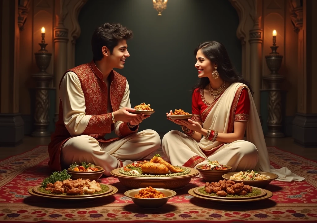 Hindu Brahmin women with her Muslim husband cutting meat and her Muslim husband in Islamic cultural cap kissing her shoulder 