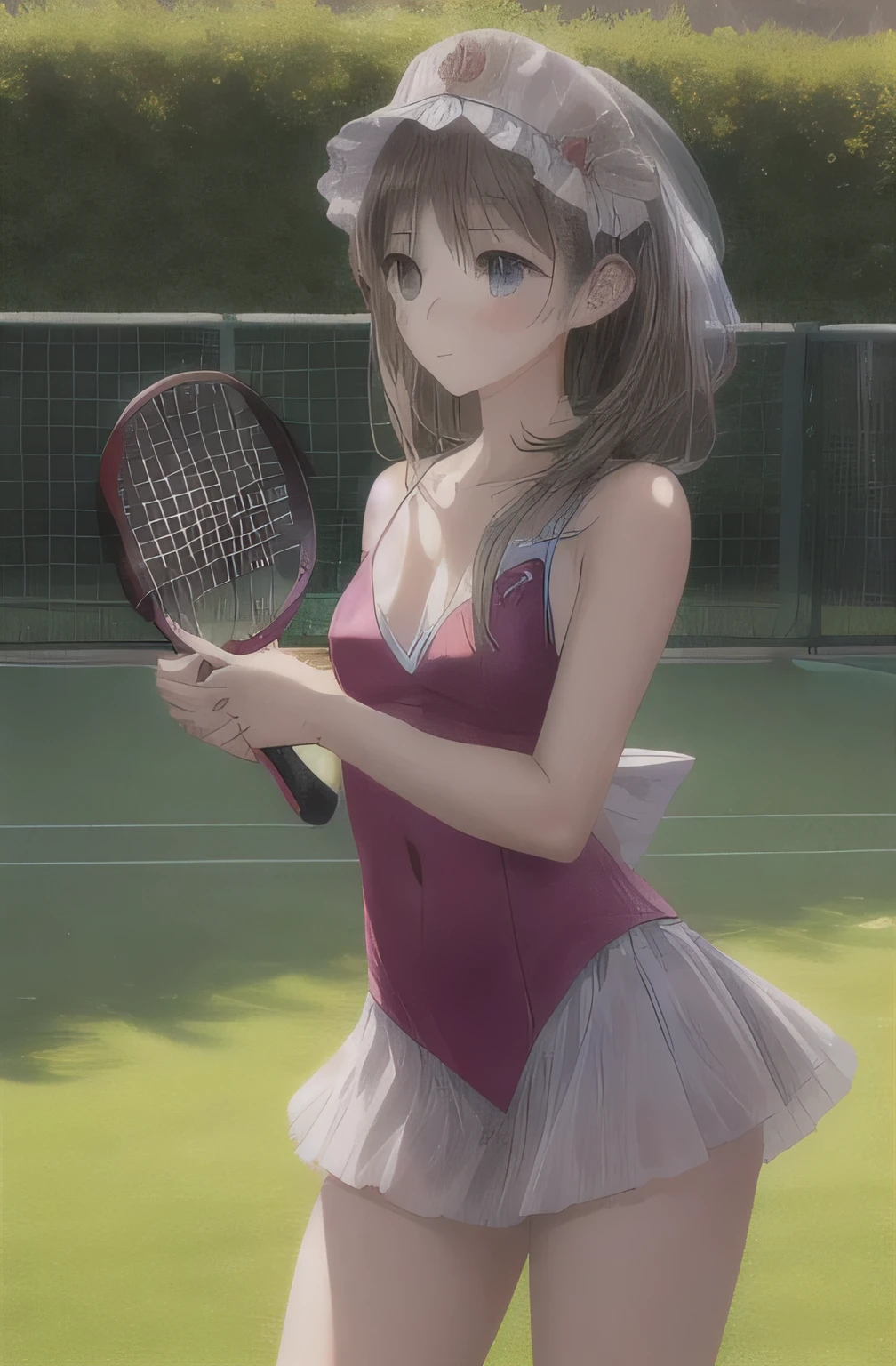 nsfw. She is wearing a purple tennis outfit, with her white undergarments visible. She holds a single tennis racket with both hands in a poised and focused manner. The lush green grass tennis court stretches out in the background. This scene radiates elegance, power, and athletic skill. BLACK HIGH SOCKS. ( Masterpiece , best quality, 8k, RAW photos , beautiful、And aesthetic :1.2), complex details, 1 girl, Epic Photos , 