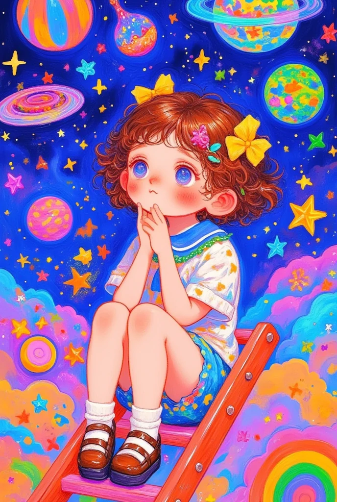  painting of a girl sitting on a ladder, A detailed painting ，Inspired by Shimoda Hikaru  , tumblr,  pop surrealism, Lovely art style,   decora inspired illustration  , Cosmic Girl, 梦幻迷幻动漫, Beeple和Jeremiah Ketner, colorful dreams ,  lovely detailed digital art ,  brightly colored illustrations , Girl in Space, Colorfull illustration