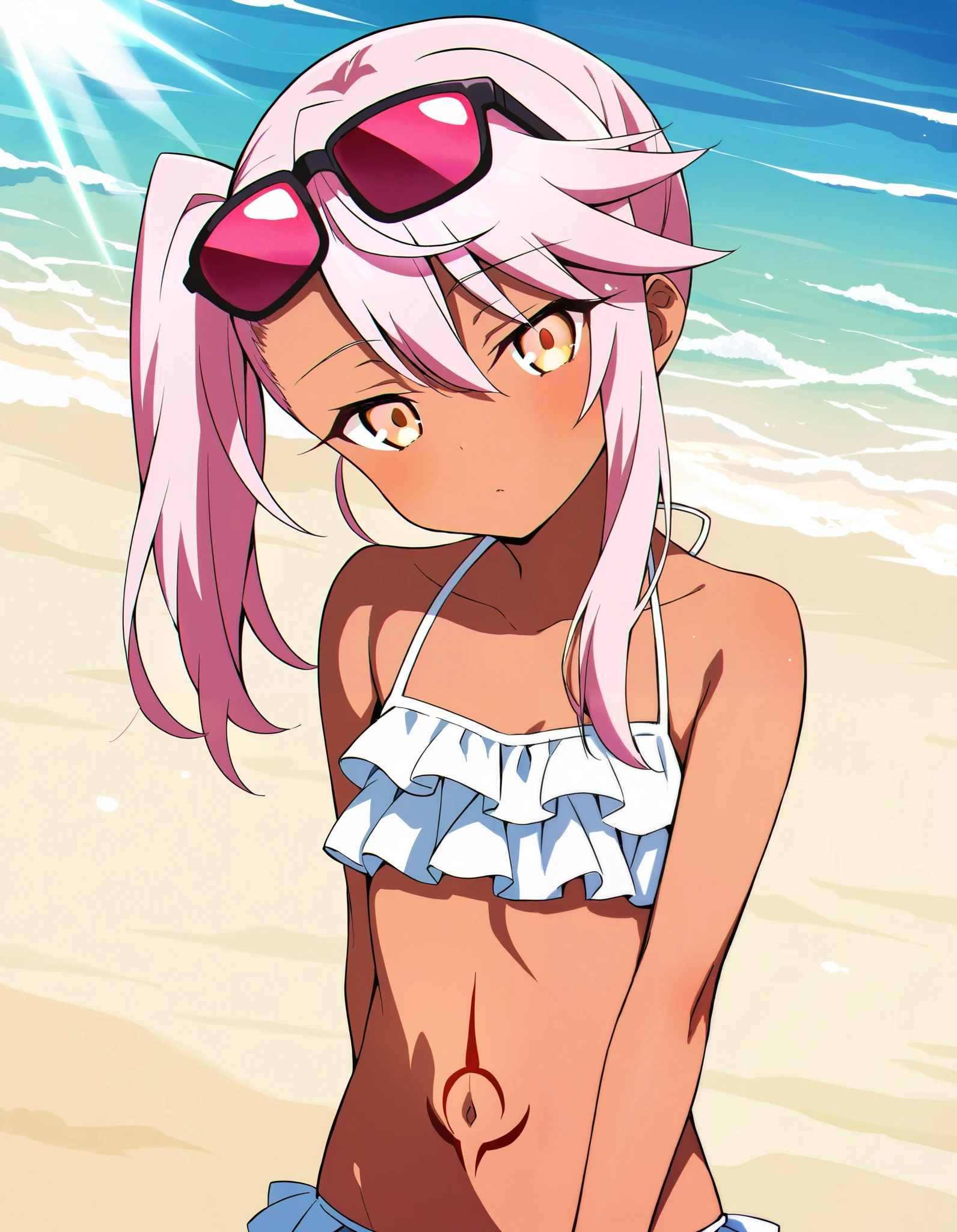 score_9, score_8_up, score_7_up, source_anime, Chloe_Von_Einzbern, 1girl, solo, yellow eyes, pink hair, long hair, hair between eyes, side ponytail, flat chest, dark-skinned female, upper body, looking at viewer, pink eyewear on head, beach, frilled bikini, navel, half closed eyes, head tilt, sunrays,