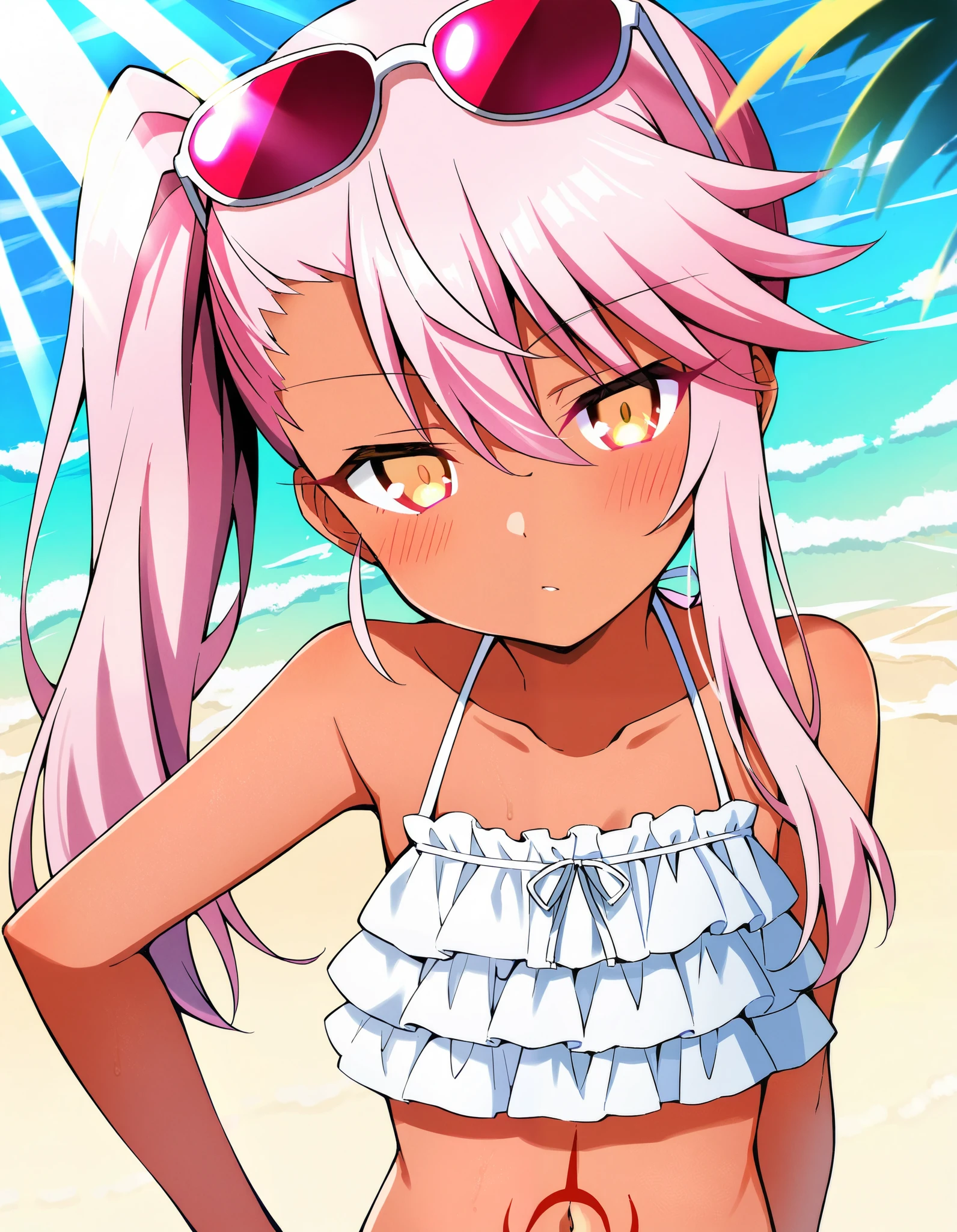 score_9, score_8_up, score_7_up, source_anime, Chloe_Von_Einzbern, 1girl, solo, yellow eyes, pink hair, long hair, hair between eyes, side ponytail, flat chest, dark-skinned female, upper body, looking at viewer, pink eyewear on head, beach, frilled bikini, navel, half closed eyes, head tilt, sunrays,