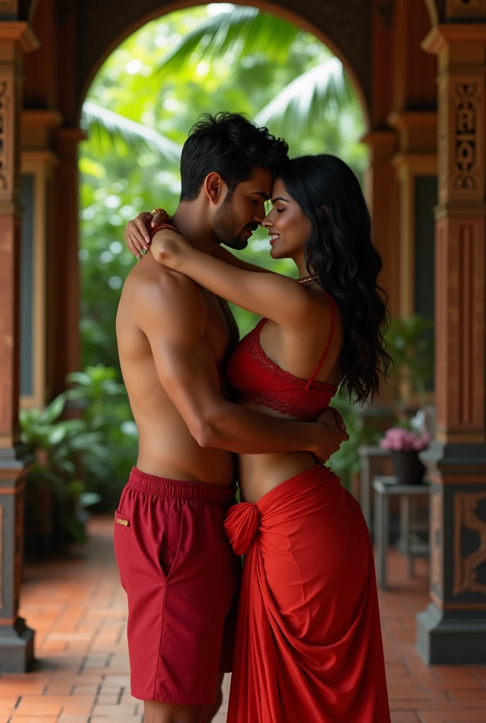 ultrarealistic hires full body bikini photo of a 30-year-old sai pallavi woman, 50 years old man hugging her from back outdoors,both seeing the camera