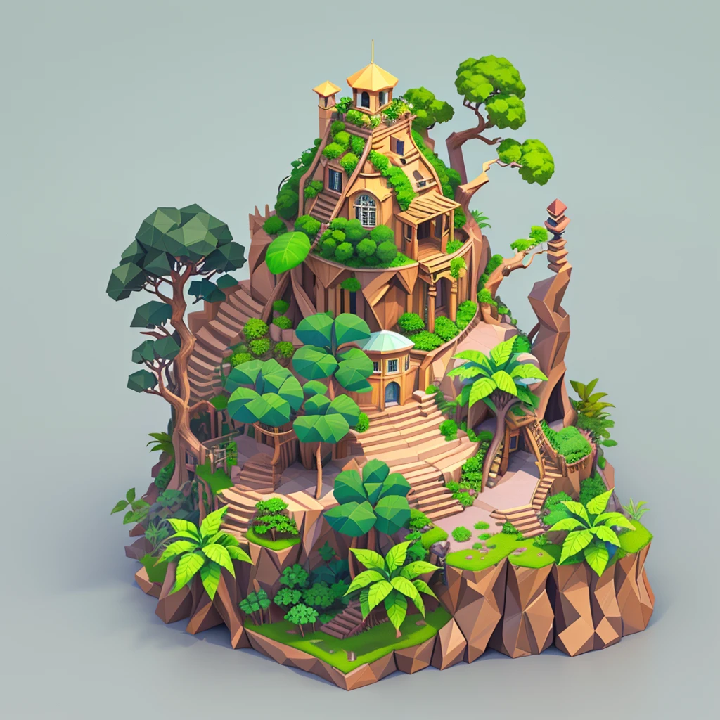  An isometrically complete tiny world，jungle景观, several animals inside , 3d rendering style, jungle环境,  isometric 3D fantasy island , 3d Low Polygon Rendering, 3 d Low Polygon Rendering,  stylized 3D rendering , jungle环境,  low polygon 3D rendering , Low Polygon Rendering,  isometric projection of a small island in the sky , a Low Polygon Rendering, jungle景观,((masterpiece,  better quality)),3D Rendering，Miniature Landscape，lowpoly,Ultra HD 8K, clearly focuses , Very Detailed ,Professional lighting,Color details，jungle， Amazon rainforest ，vine，rhino,monkey， rainforest plants ， stone ，vine，Clean background