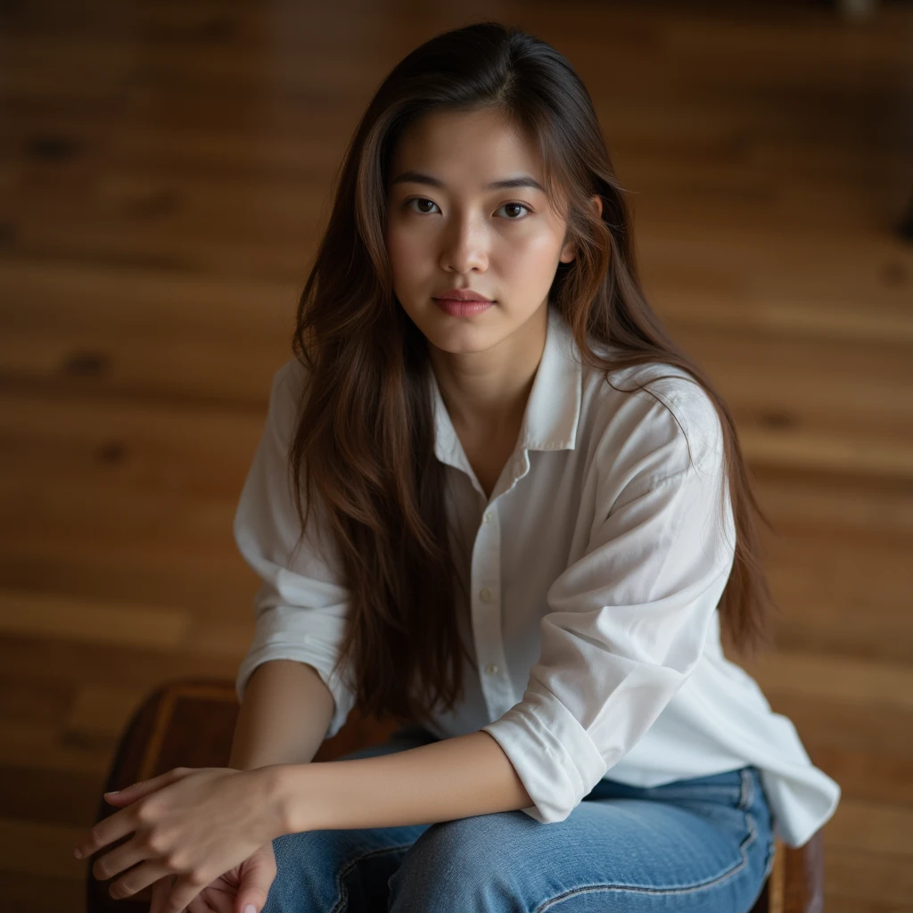 Create a realistic portrait, in high resolution, a Thai woman with long hair, brown hair, wearing a white shirt, wearing blue jeans, sitting on a coffee table