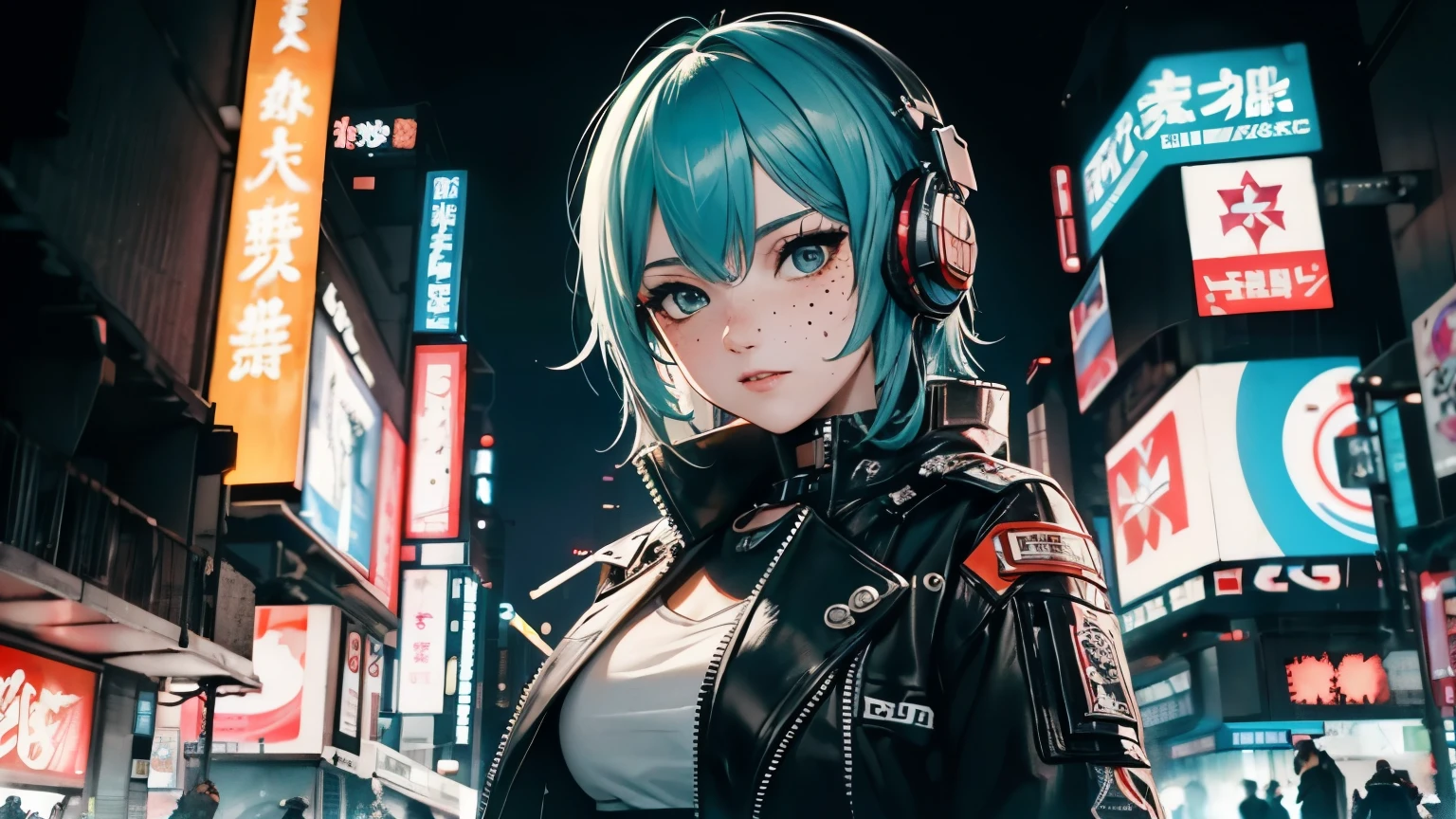 ((Best Quality)), ((Masterpiece)), perfect eyes:1.2, holding a machine gun, detailed eyes:1.4, ((freckles)), woman, high tech, hacker, irezumi, tattoo, techwear, headphones, messy hair, multicolored hair, green hair, black jacket, gradient hair, leather clothes, (machine gun), (High Definition:1.3), 3D, Beautiful (Cyberpunk:1.3), Colored hair, militar, black clothes looking at camera, hacker woman, sticking out, sexual, seduction, neo tokyo