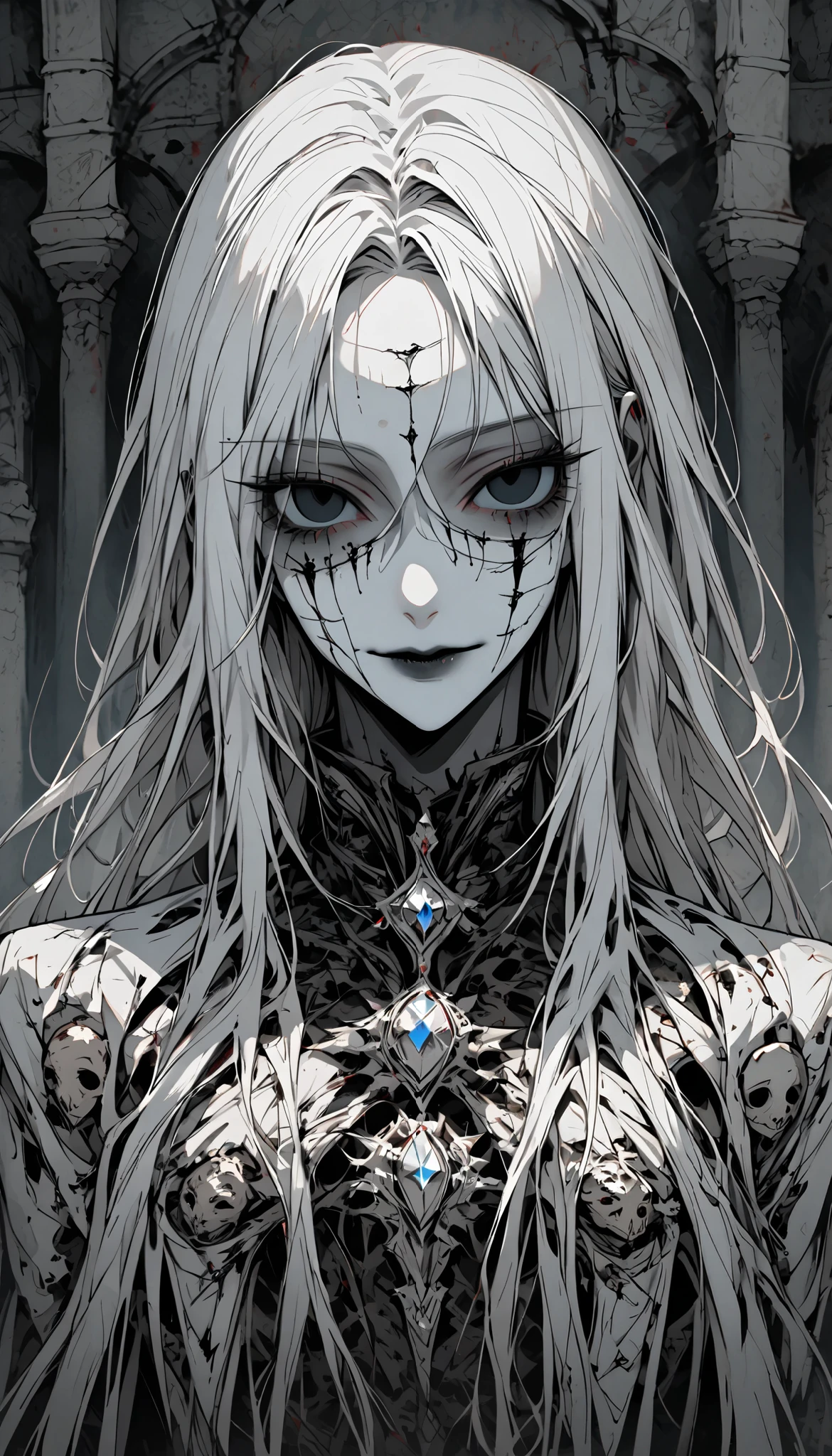 solo, female, grey skin, long white hair, silver brooch, dry body:1.2, empty eye sockets, eyeless, decayed body, gentle smile, face, pinup pose, dressed in royal rags, graceful, close up, crypt, dark