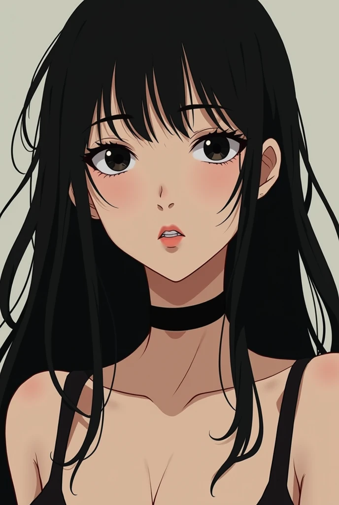 Create a white girl with glasses, slim, with long black hair tied up with a red shirt that reveals her shoulders and her black bra comes out over her shoulders and gives her black button eyes like Caroline anime version and smiles with thin red lips