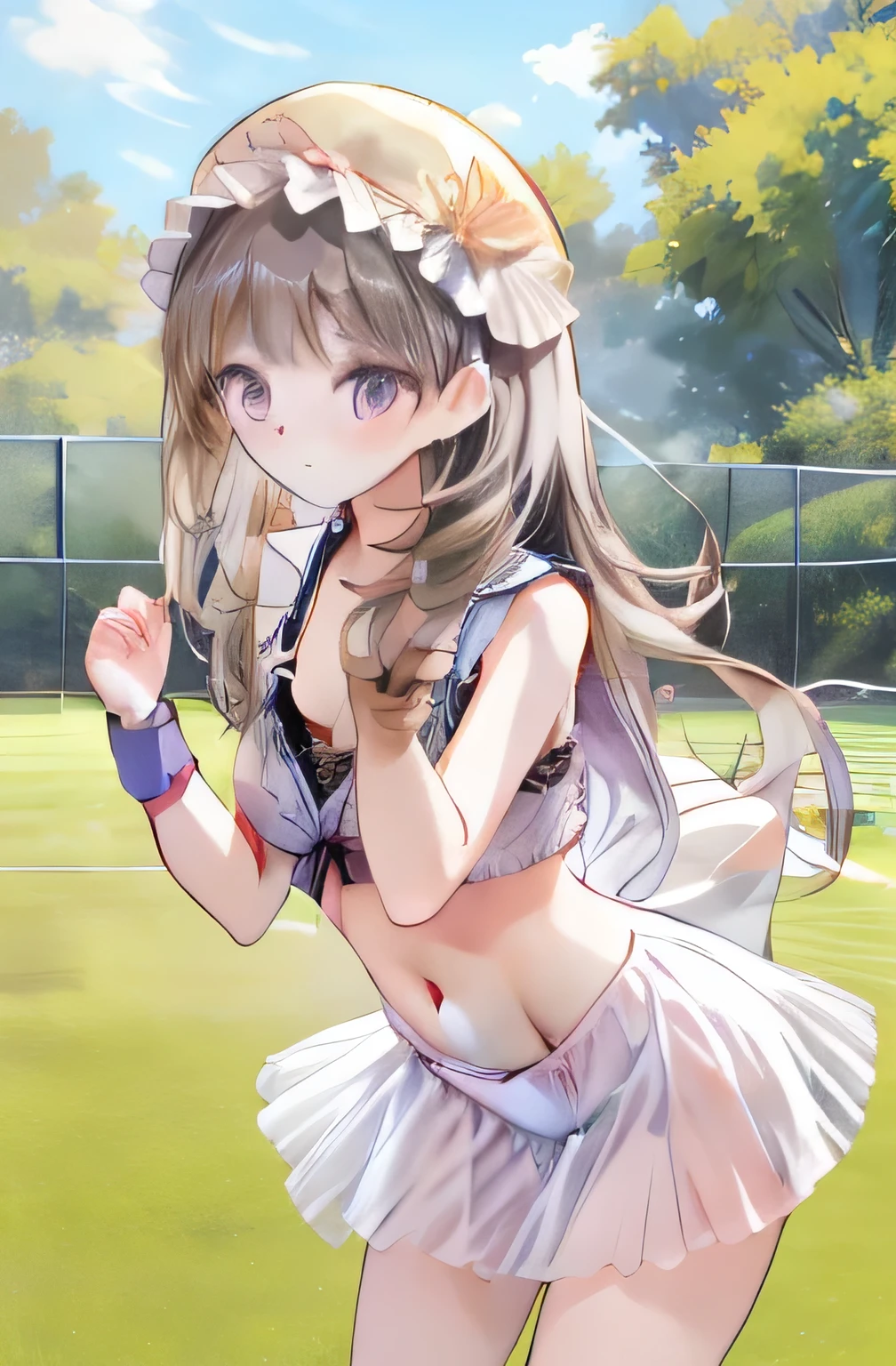 nsfw. She is wearing a purple tennis outfit, with her white undergarments visible. She holds a single tennis racket with both hands in a poised and focused manner. The lush green grass tennis court stretches out in the background. This scene radiates elegance, power, and athletic skill. BLACK HIGH SOCKS. ( Masterpiece , best quality, 8k, RAW photos , beautiful、And aesthetic :1.2), complex details,