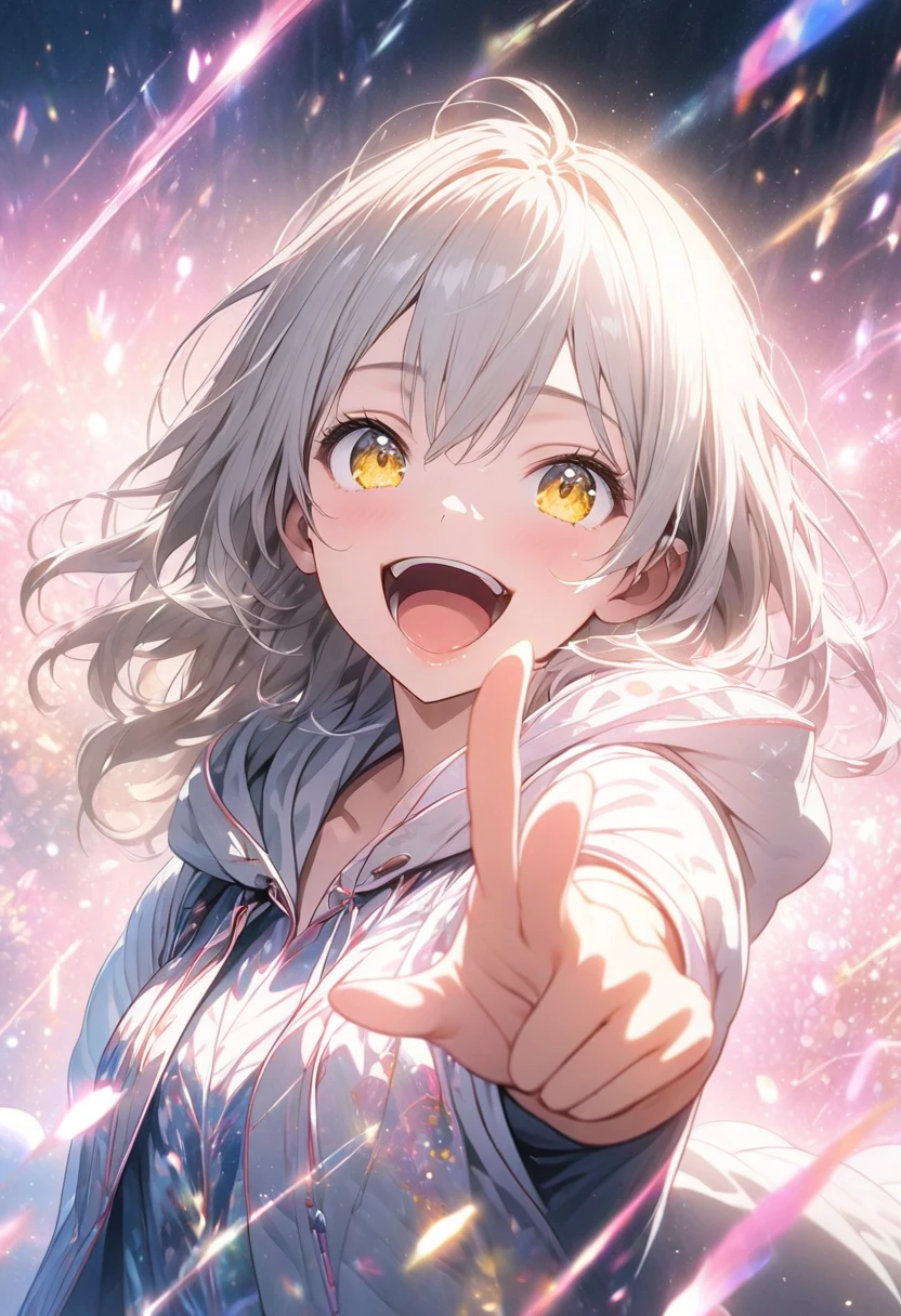 Masterpiece , best quality, High Definition CG Unity 8K Wallpaper , High Girl Animated Illustration . Wears a big vest , Hooded 、 Coidance Dance , Hand Food Pointing , She opens her eyes wide and opens her mouth , smile. Background is a pale pink landscape .., Gray Hair , yellow eyes , Bokeh Photo , ( Soft Focus):1.2, Concentrated Glitter , Amazing Atmosphere , Glowing circle , Fascinating Depth , Background Realistic
