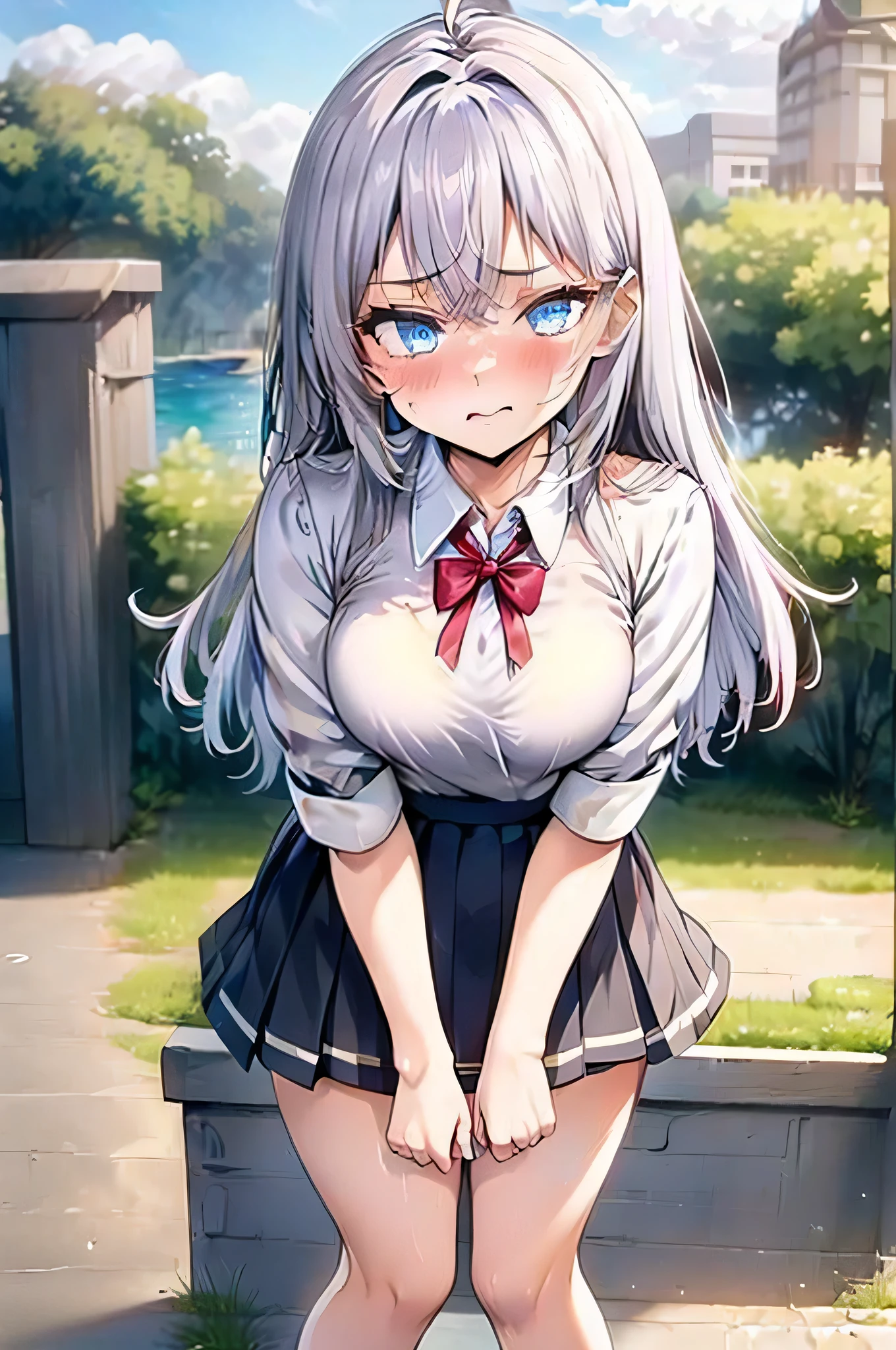 ( cute girl, Need to pee, pee herself, pee , pee self,,Medium semi-long hair、Silver Hair、 pale blue eyes,、 I want to pee intensely ), (Need to pee, Need to pee, pee , pee self, pee , pee self:1.2), one girl、, Mini Skirt、 handbag , Need to pee, Cover your groin area, are sliding their knees together and their feet apart:1.6), ( hands between legs, slouching forward:1.3), (Shadowy Face, Despair, anxiety, sigh, Full face blush , embarrassing, :1.5), ( Girls Can't Stand Straight:1.5), (whole body), ( super detailed face, best quality:1.5),