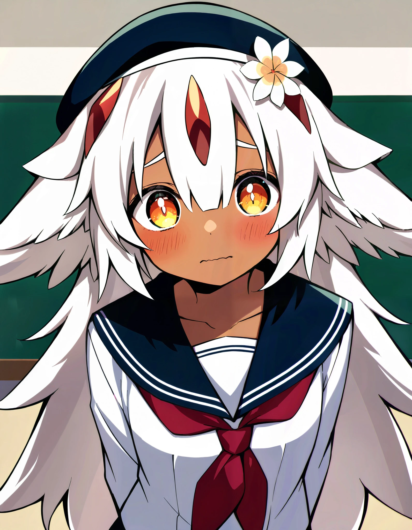 score_9, score_8_up, score_7_up, Faputa, Dark skin, White fur, looking at viewer, masterpiece, absurdres, high quality, highres, school uniform, beret, upper body, classroom, shy, looking down, wavy mouth, hair flower, arms behind back, standing,