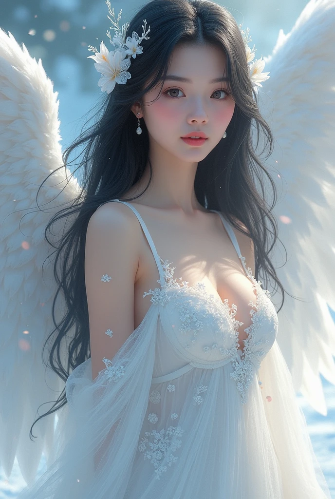 （Front Focus），Surrealist portraits of women by David Hockney and Alphonse Mucha，((Upper body naked))、((Moon Night))、((Engaging pose))、Fantasyart、((A dark-haired))、((Black sexy angel costume))、((Black sexy angel costume))、((Sexy Angel、Clothes with less fabric))、Beautifully embroidered sexy white lace outfit，Decorated with fine embroidered angel costumes and fine jewelry，photographrealistic，动态照明，art  stations，poster for，Volumetriclighting，extra detailed face，4 k''，((shush))、With diamonds，Sexy thighs，exposing the abdomen ,Chest 1 Girl, In the Dark, deepshadow, low tune, Cowboy Shot,(official clothing:1.4), The eyes are confused and seductive，Shining Necklace、short-hair