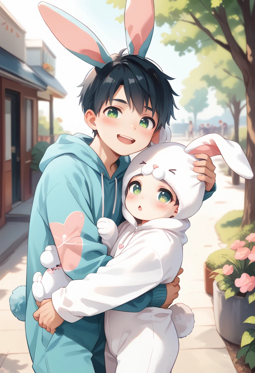 Comic style, comic anime cute boy, black hair, green eyes, slightly blushing, is a primary school boy, baby clothes, bunny suit pink, cute face, big eyes, anime drawing style, shota boy size,slim body, boy's body, gay, boys love it, man and boy, heart in pupil baby boy, small boy, arm hug holding boyfriend, baby bunny clothes 