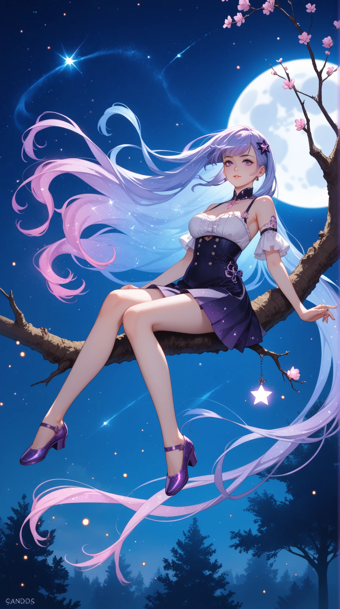 Magical girl, purple hair, wears a headband, has flower decorations, knee-highs of different lengths