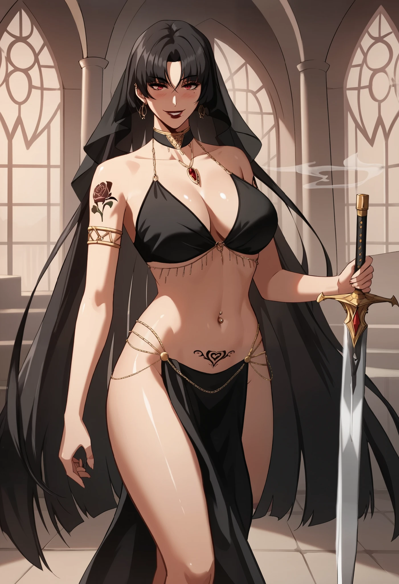 Moebius, red eyes, black hair, very long hair,  large breasts, ear piercing, long hair, blush, lipstick,Hot girl, baddie, bad attitude, mean girl,smoking, sensual, attractive, masterpiece, best quality, highly detailed ,,gold_choker, complex detailed background,
inside,holding a sword, sword, belly_chain,harem_outfit,navel, necklace,
pelvic_curtain,revealing_clothes, veil，masterpiece,best quality,1girl,mature,evil smile, smile,
female,mature,necklace,pendant, (nsfw) not safe for work, exposed belly, exposed navel, exposed
midriff, exposed lower belly, navel piercing, castle,inside castle,,, tattoo on body, tattoo midriff, rose tattoo, shiny skin