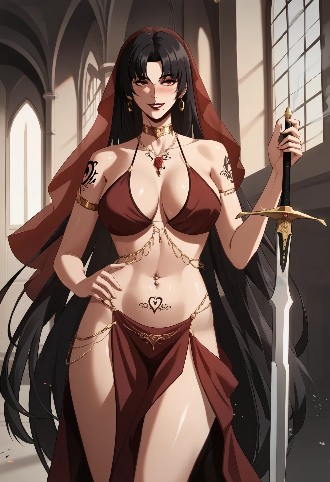 Moebius, red eyes, black hair, very long hair, large breasts, ear piercing, long hair, blush, lipstick,Hot girl, baddie, bad attitude, mean girl,smoking, sensual, attractive, masterpiece, best quality, highly detailed ,,gold_choker, complex detailed background,
inside,holding a sword, sword, belly_chain,harem_outfit,navel, necklace,
pelvic_curtain,revealing_clothes, veil,masterpiece,best quality,1girl,mature,evil smile, smile,
female,mature,necklace,pendant, (nsfw) not safe for work, exposed belly, exposed navel, exposed
midriff, exposed lower belly, navel piercing, castle,inside castle,,, tattoo on body, tattoo midriff, rose tattoo, shiny skin